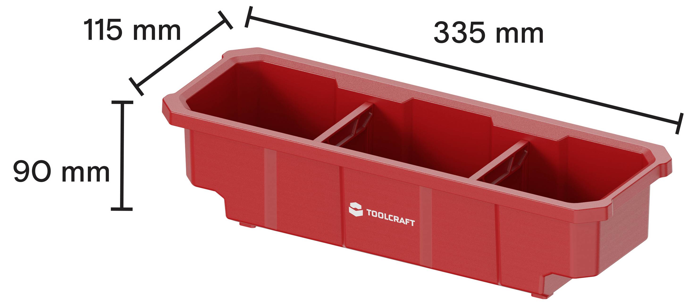 Rote Kunststoff-Lagerkiste mit drei Fächern, in Perspektivdarstellung mit beschrifteten Abmessungen: 335 mm Länge, 115 mm Breite und 90 mm Höhe.