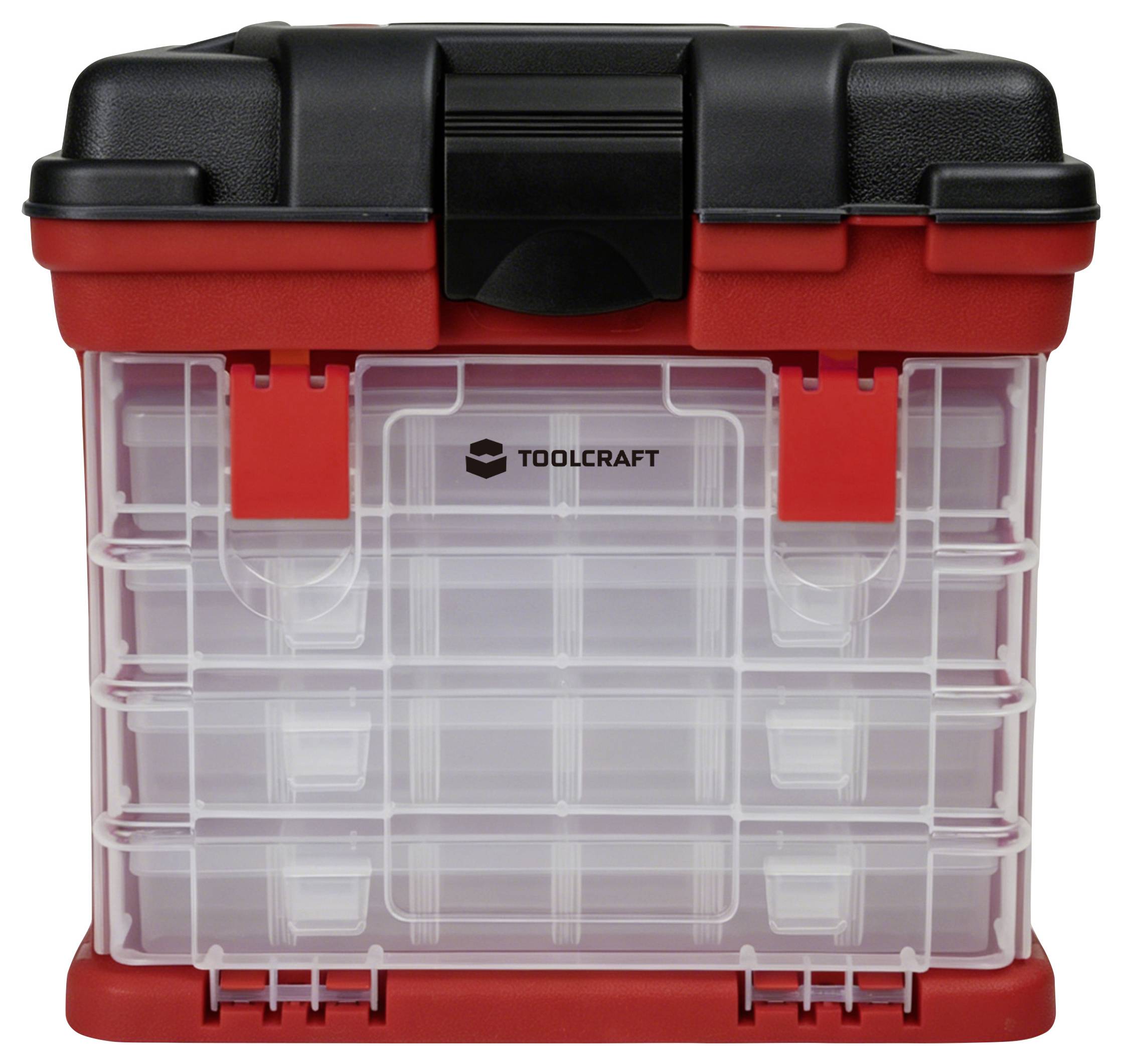 Rot-schwarze Kunststoff-Organizer-Box von Toolcraft mit transparenter Vorderseite und mehreren kleinen Lagerfächern.