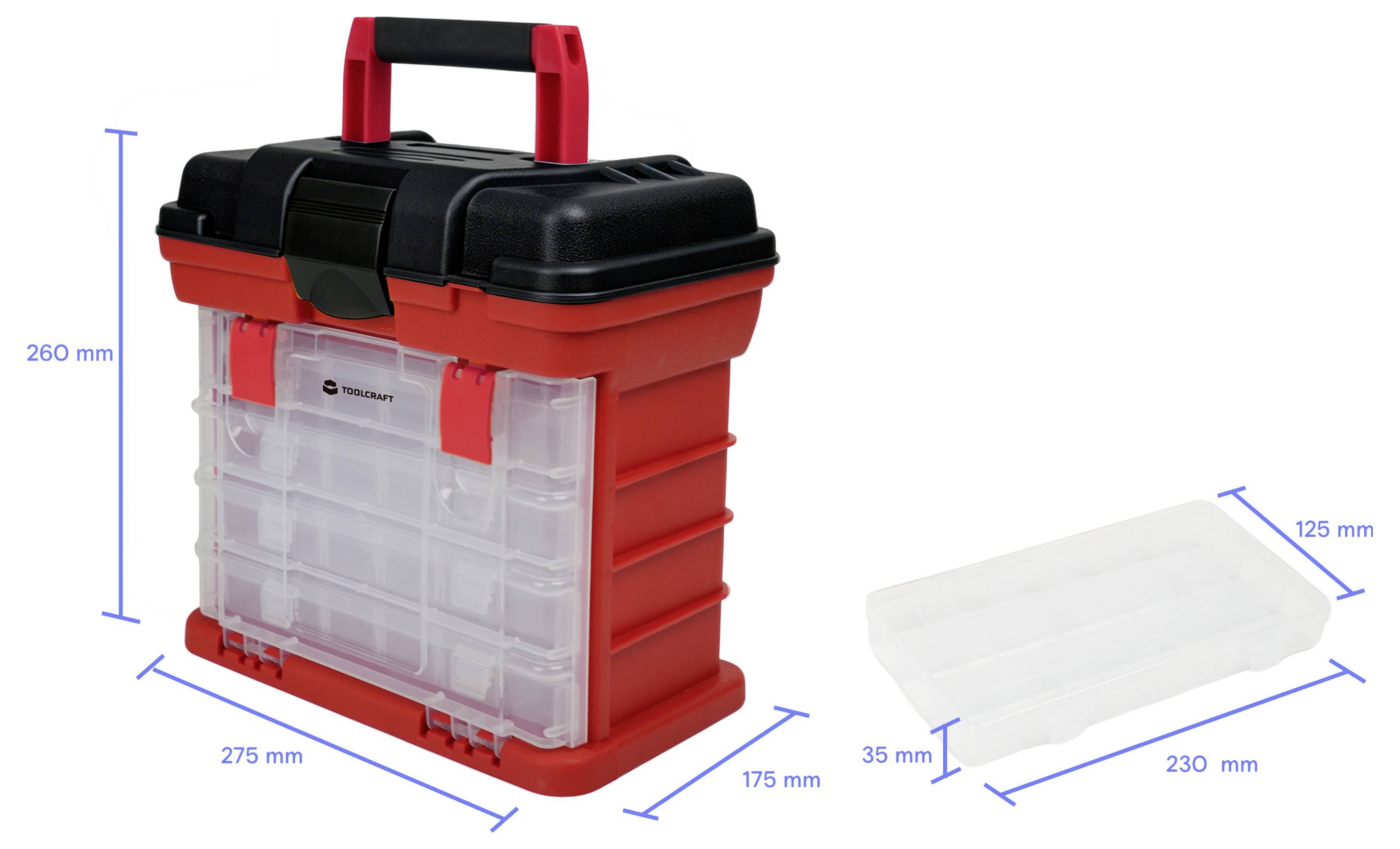 Tragbare rot-schwarze Aufbewahrungswerkzeugkiste mit ausklappbarem Griff und abnehmbarem Organizer-Tablett, gezeigt mit Abmessungen: 260 mm hoch, 275 mm breit, 175 mm tief; Tablett 230 x 125 x 35 mm.