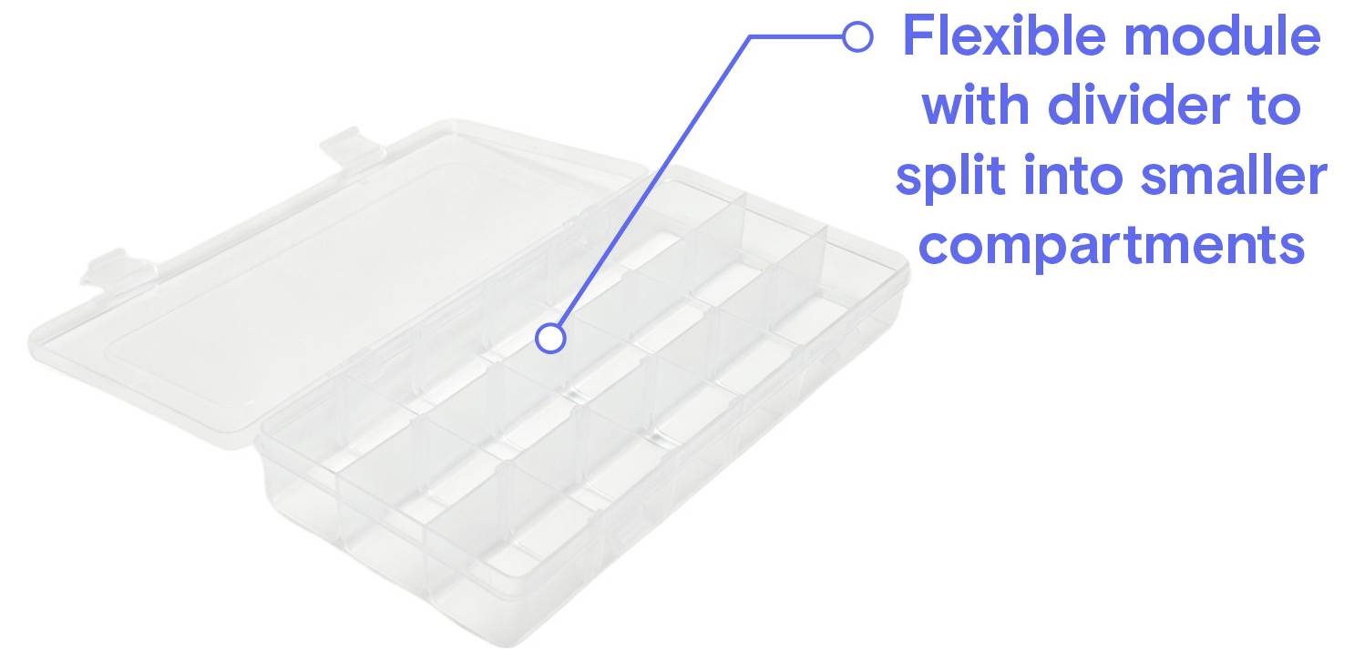 Kunststoff-Aufbewahrungsorganizer mit flexiblem Teiler, der das Tablett in kleinere Fächer unterteilt.