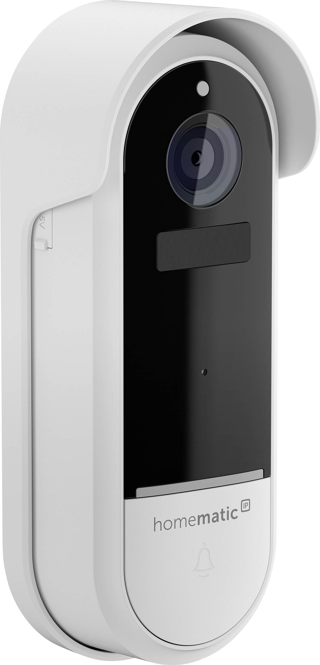 An der Wand montierte intelligente Video-Türklingel-Kamera mit weißem und schwarzem Gehäuse und sichtbarem Objektiv, mit dem Markenzeichen „homematic