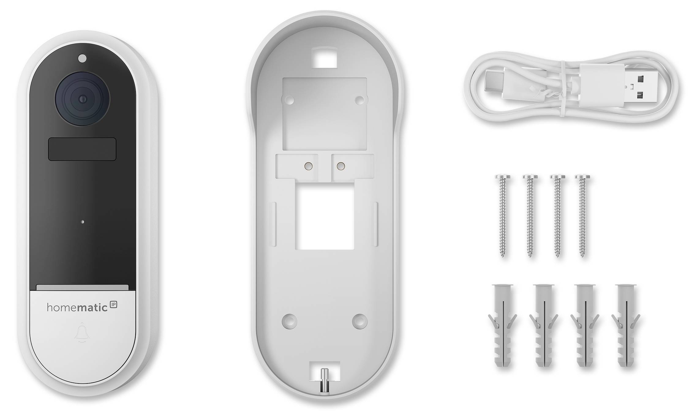 Drahtloses intelligentes Türklingel-Set, von vorne und hinten gezeigt, mit Montageplatte, USB-Kabel, Schrauben und Wanddübeln.