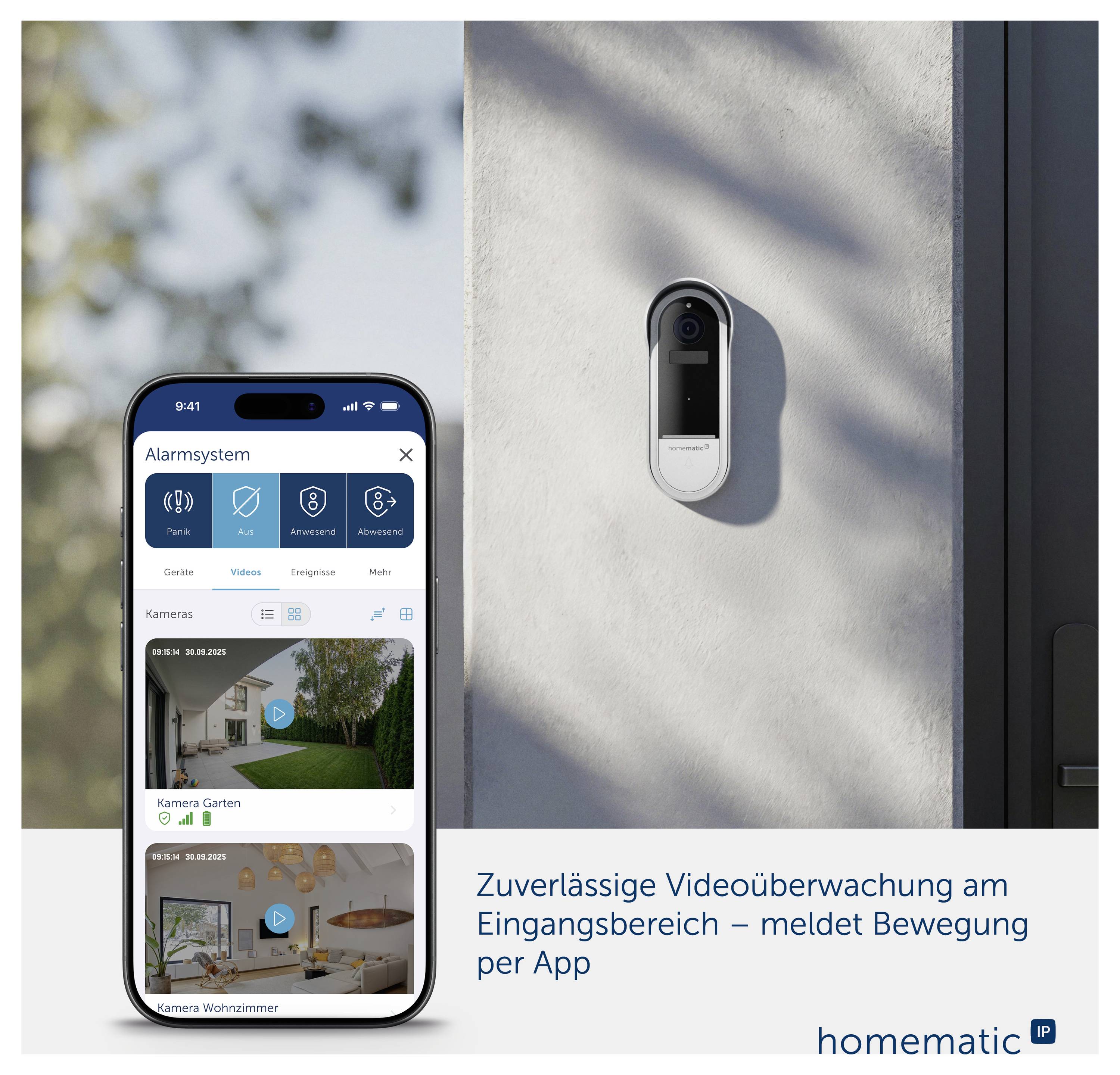 Werbung für eine Video-Türklingel: Smartphone-App zeigt Alarm- und Kamerabilder; an der Hauswand ist die Kamera über der Eingangsbereichstür montiert.