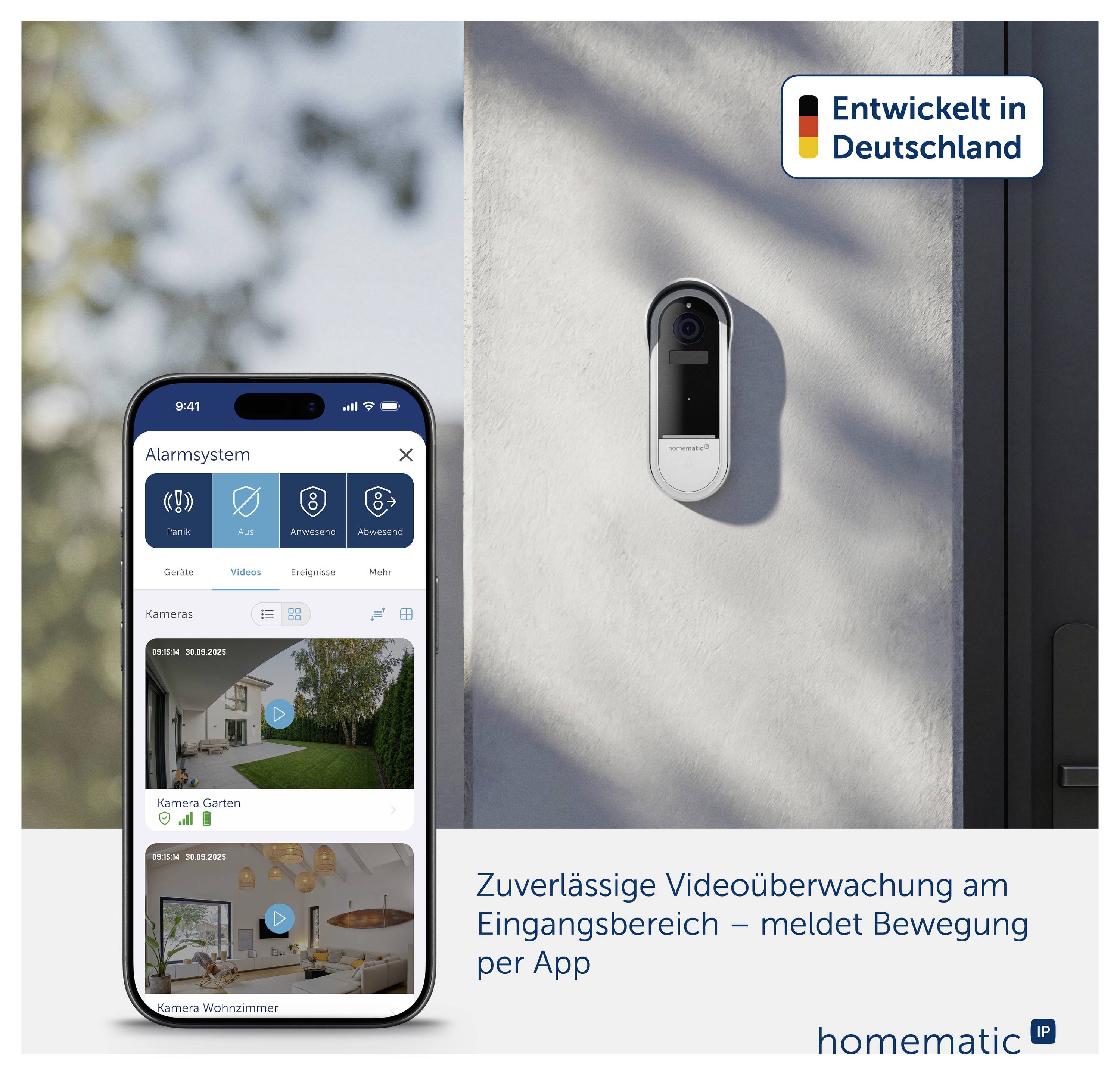 Werbeabbildung für eine smarte Video-Türklingel und Sicherheits-App: Außensprechstelle am Eingang, Smartphone zeigt Live-Überwachung.