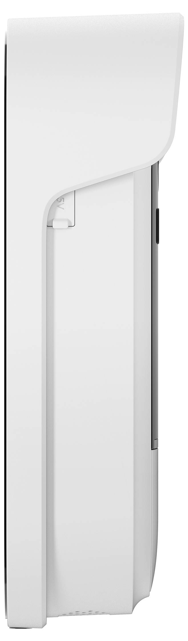 Graues, an der Wand montiertes Gerät mit einem Kabel, das von oben eindringt, und einem perforierten Lautsprechergitter auf der Vorderseite.