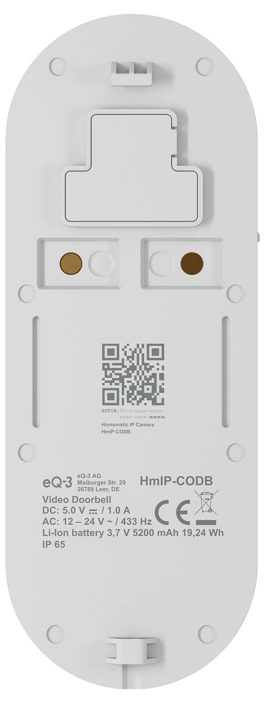 Rückansicht einer weißen kabellosen Video-Türklingel mit Kameramodul, QR-Code und gedruckten Spezifikationen/CE-Kennzeichnungen auf der Rückseite.
