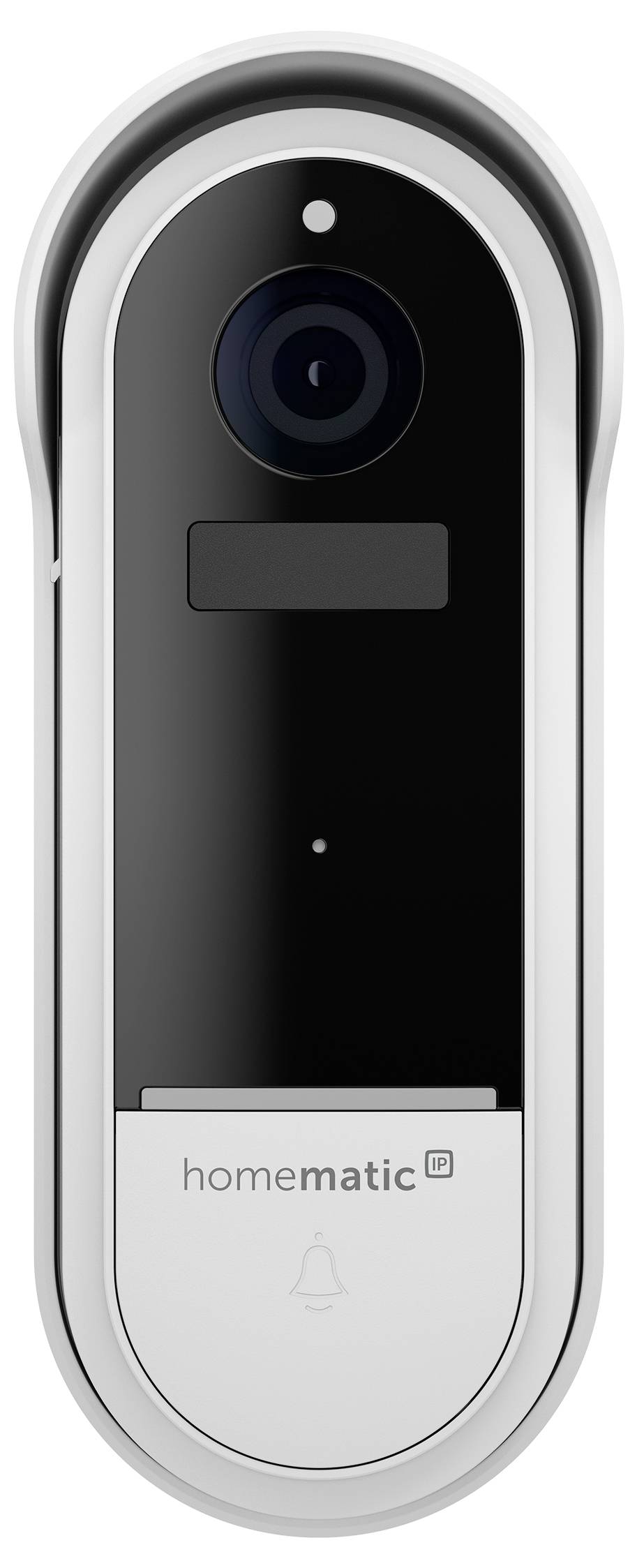 Frontansicht einer Homematic IP Smart-Türklingel-Kamera mit Linse, Sensor und Tastbereich auf einem weißen ovalen Gehäuse.
