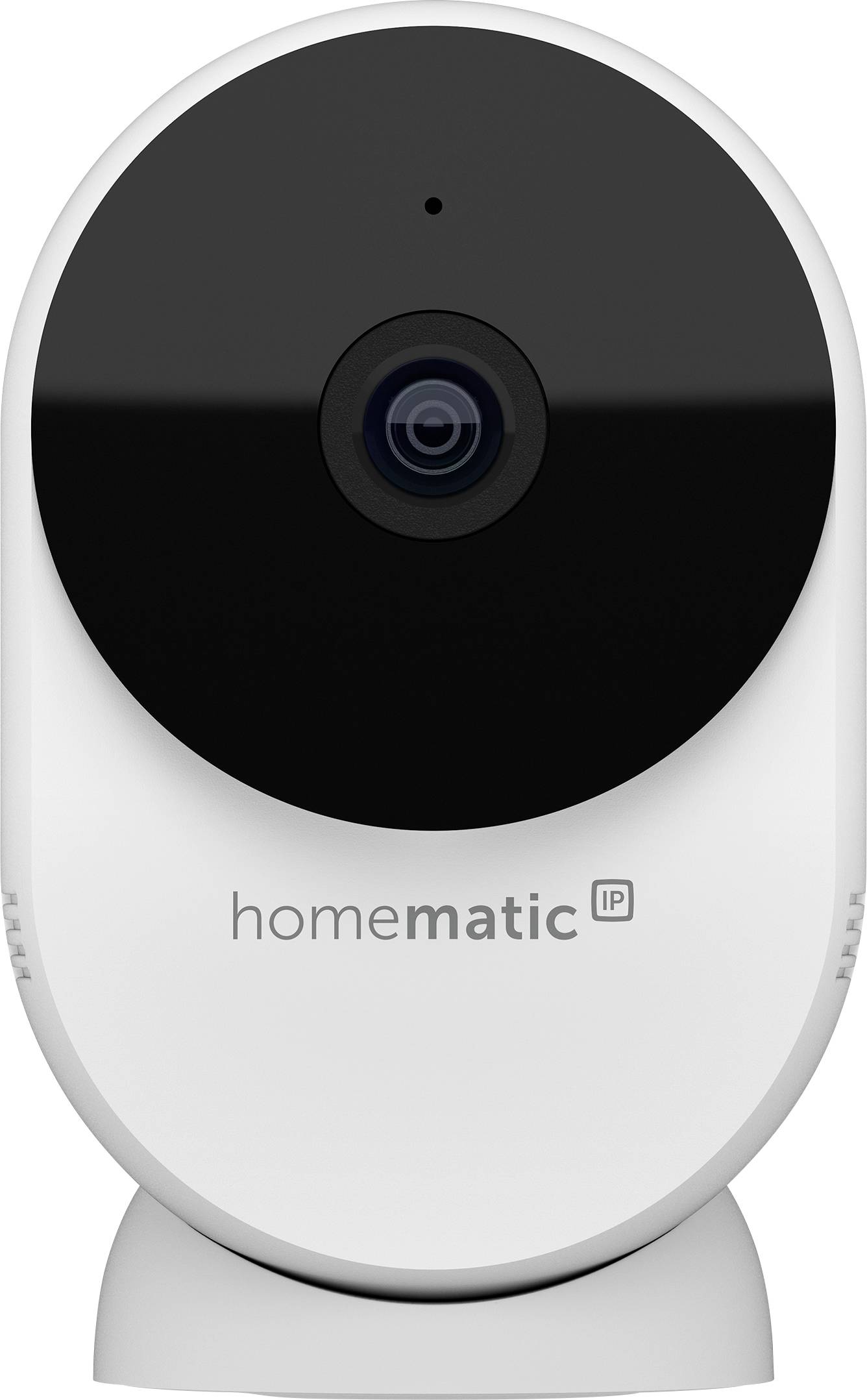Weiße Homatic IP Innenraumschutz-Kamera auf einem Ständer, frontal dargestellt mit zentralem Objektiv und kleiner Statusleuchte.