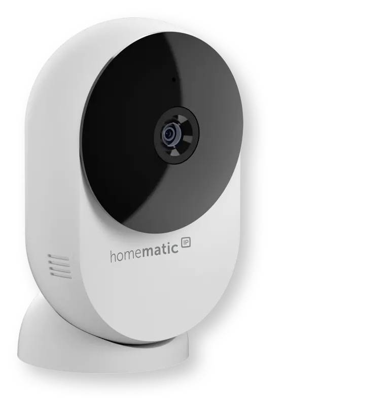 Weiße Homematic IP Sicherheitskamera mit einem großen schwarzen kreisförmigen Linsenpanel auf einem kleinen Ständer, gezeigt vor einem einfachen Hintergrund.