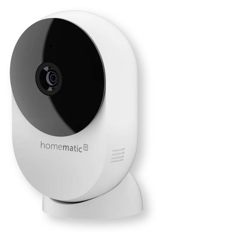 Weiße Homematic Innen-Sicherheitskamera mit schwarzem kreisförmigem Objektiv und Basis auf einem Ständer.