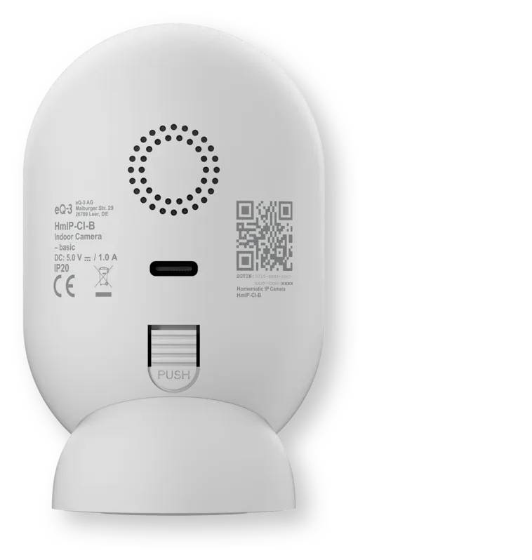 Rückansicht einer weißen Indoor-Sicherheitskamera mit Lautsprecherlöchern, QR-Code, Stromversorgungsetikett und 