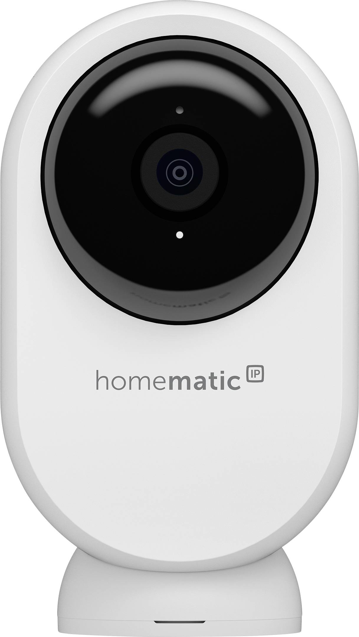 Weiße Homatic IP-Sicherheitskamera mit großem schwarzem Objektiv, von vorne auf einem Ständer abgebildet.