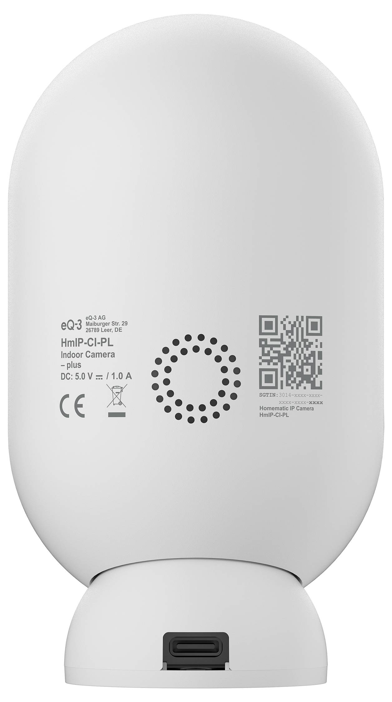 Weiße Innensicherheitskamera mit abgerundetem Gehäuse, QR-Code und Konformitätskennzeichnungen auf der Vorderseite sowie einem USB-C-Anschluss an der Basis.