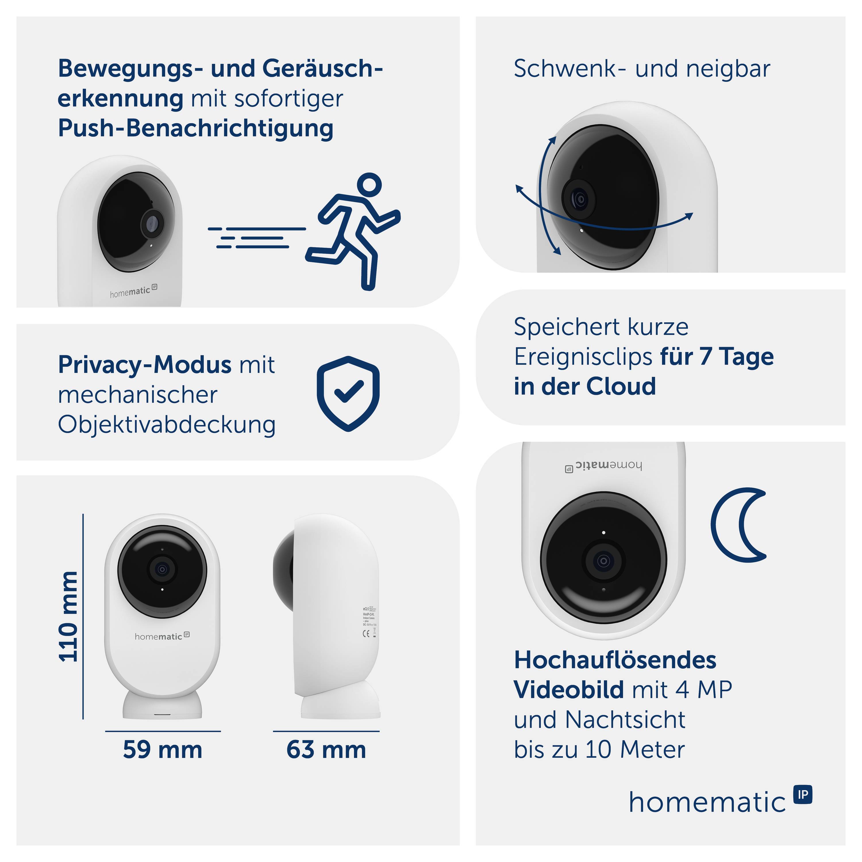 Infografik zur Sicherheitskamera: Bewegungserkennung mit Push-Benachrichtigung, schwenk- und neigbar, Privacy-Modus, Cloud-Speicherung 7 Tage, Nachtsicht bis 10 m, Maße 110 × 59 × 63 mm.