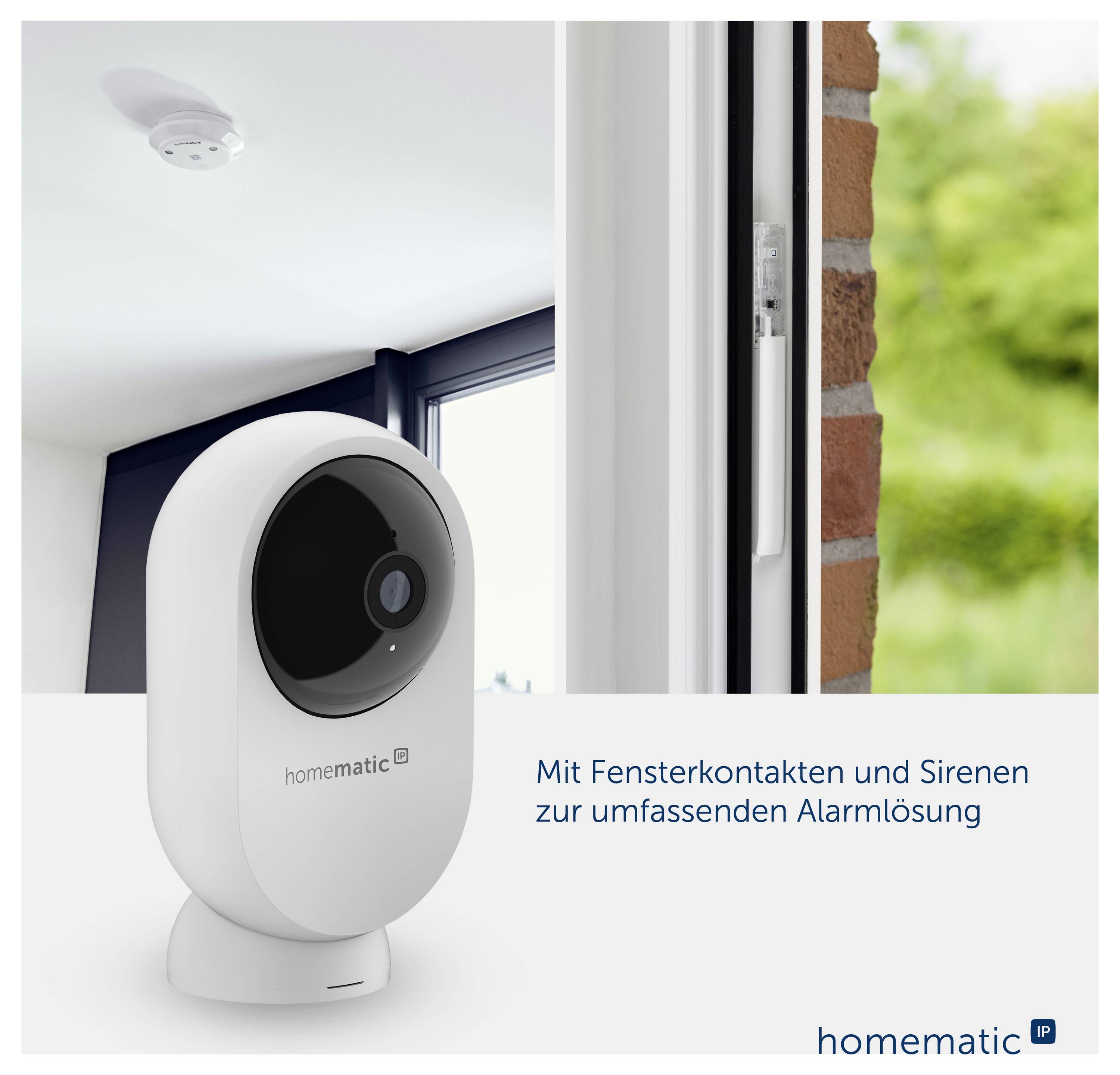 Werbeabbildung einer Homematic-IP-Alarmsirene neben einem Fenster; Text: 'Mit Fensterkontakten und Sirenen zur umfassenden Alarmlösung'.