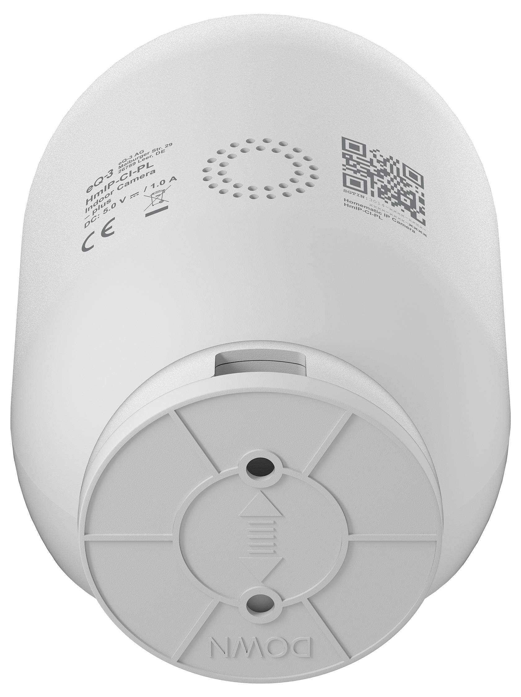 Weißer zylindrischer Rauchmelder mit Lüftungslöchern, einem QR-Code und einer von unten gezeigten Montagebasis.