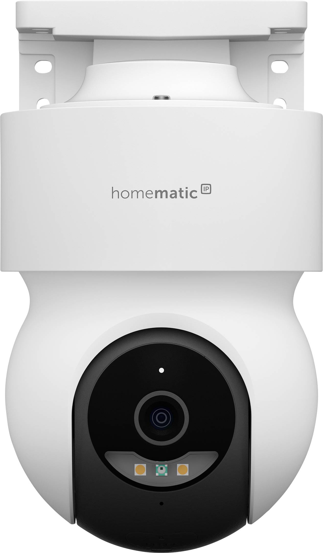 Weiße Homematic IP Sicherheitskamera mit schwarzem Linsengehäuse, montiert auf einer Deckenhalterung.