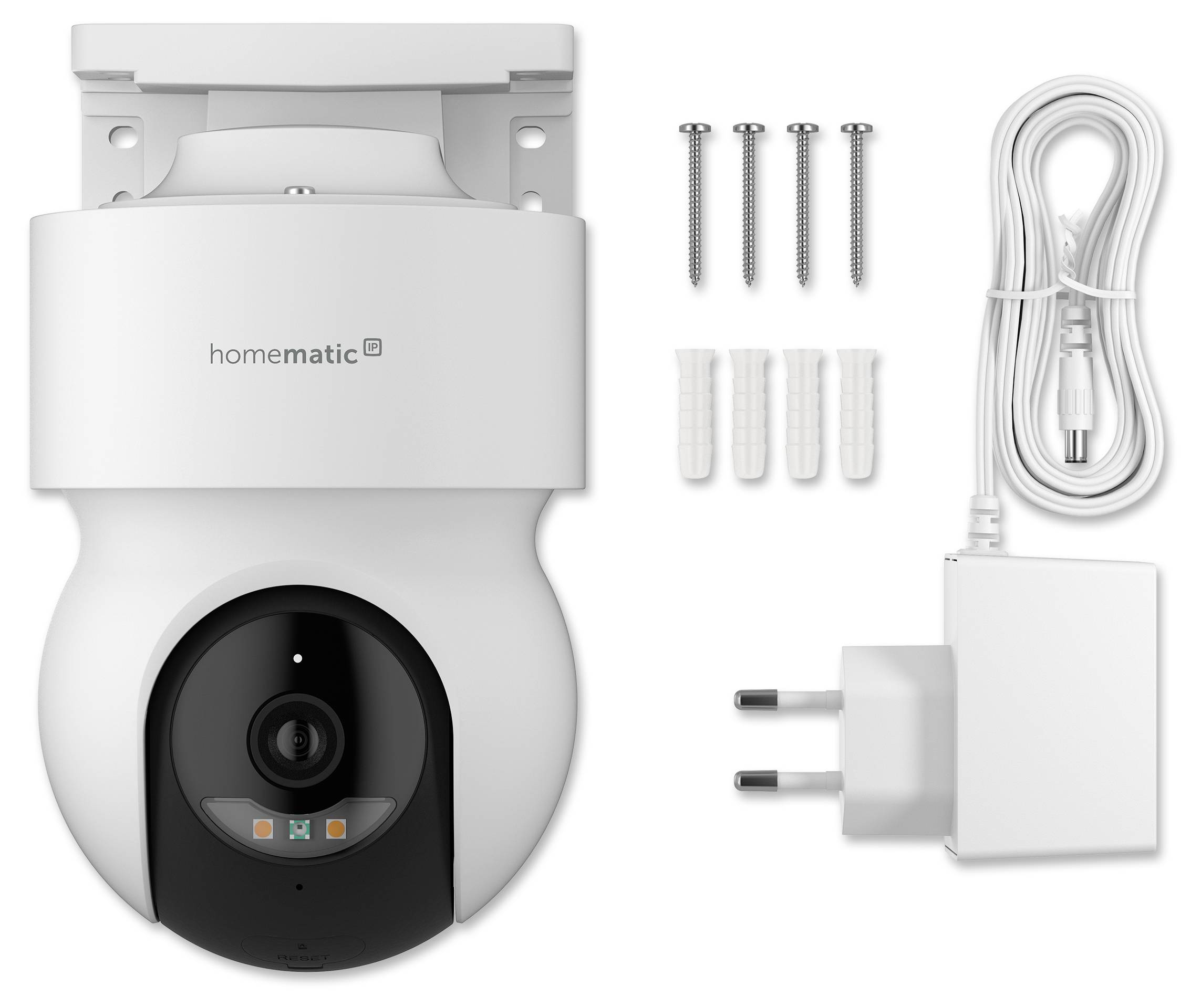 Homematic intelligente Sicherheitskamera mit Montageklammer, Schrauben, Wanddübeln, USB-Kabel und Stromadapter im Lieferumfang enthalten.