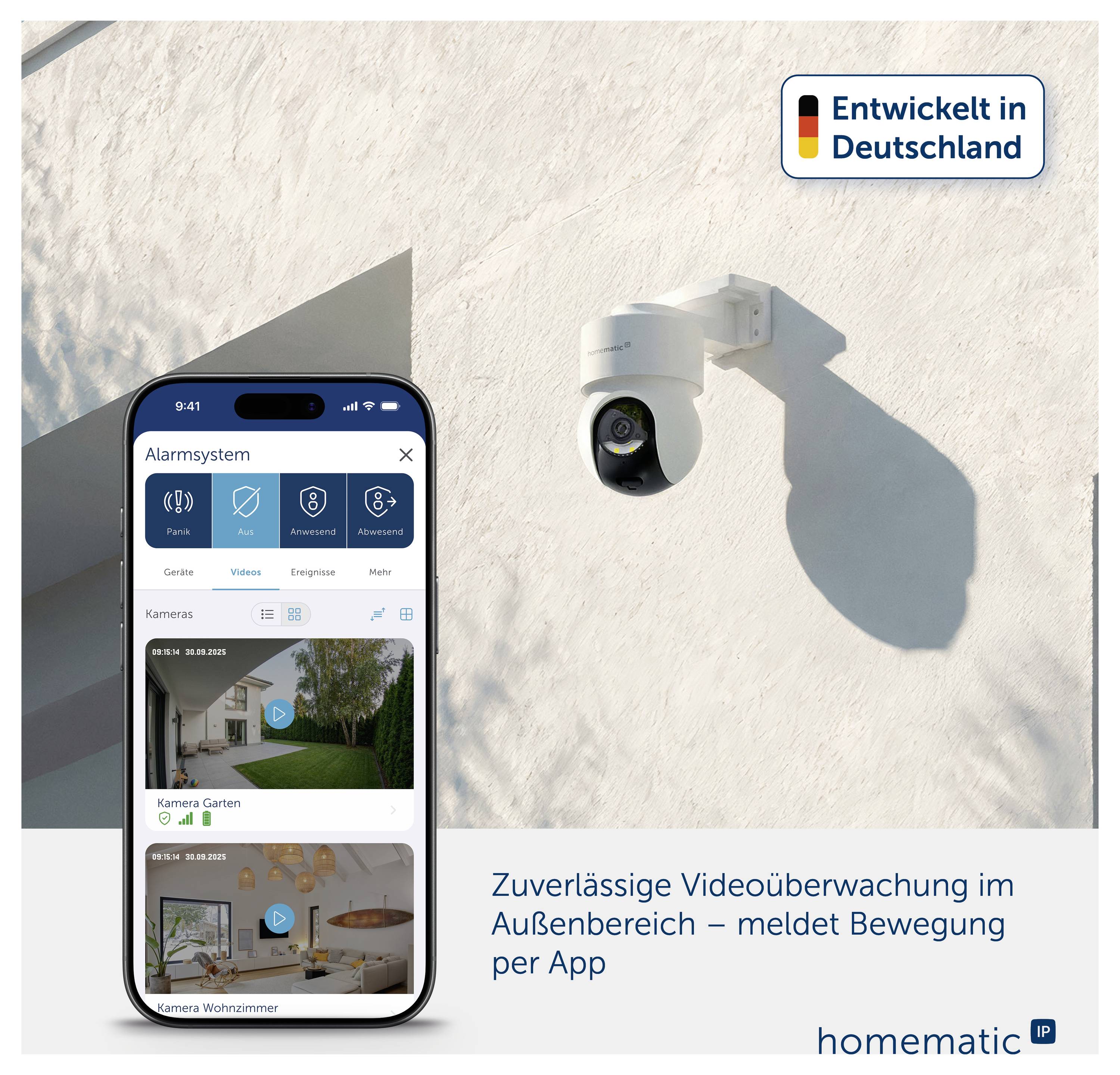 Werbeabbildung: Smartphone mit Alarm-App und Kamerabildern neben Außenkamera an Hauswand; Text: 'Zuverlässige Videoüberwachung im Außenbereich – meldet Bewegung per App', 'Entwickelt in Deutschland'.