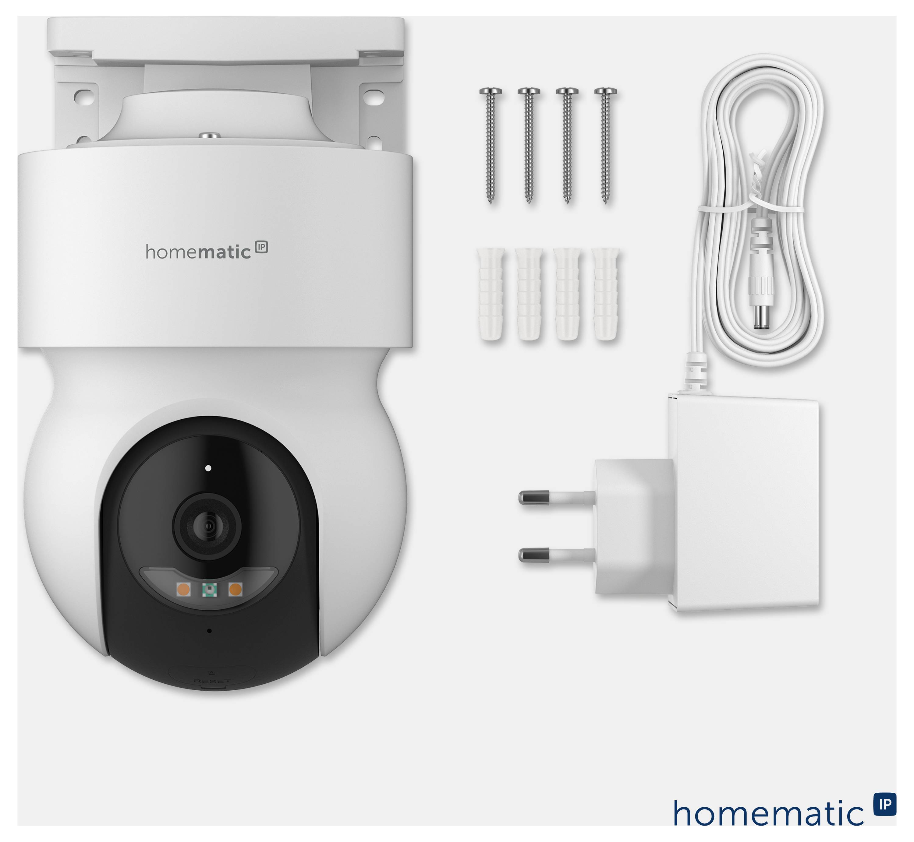 Homematic Smart-Kamera-Set mit Kameraeinheit, Netzteil, USB-Ladekabel, rundem Sensor und roter Klebemontage