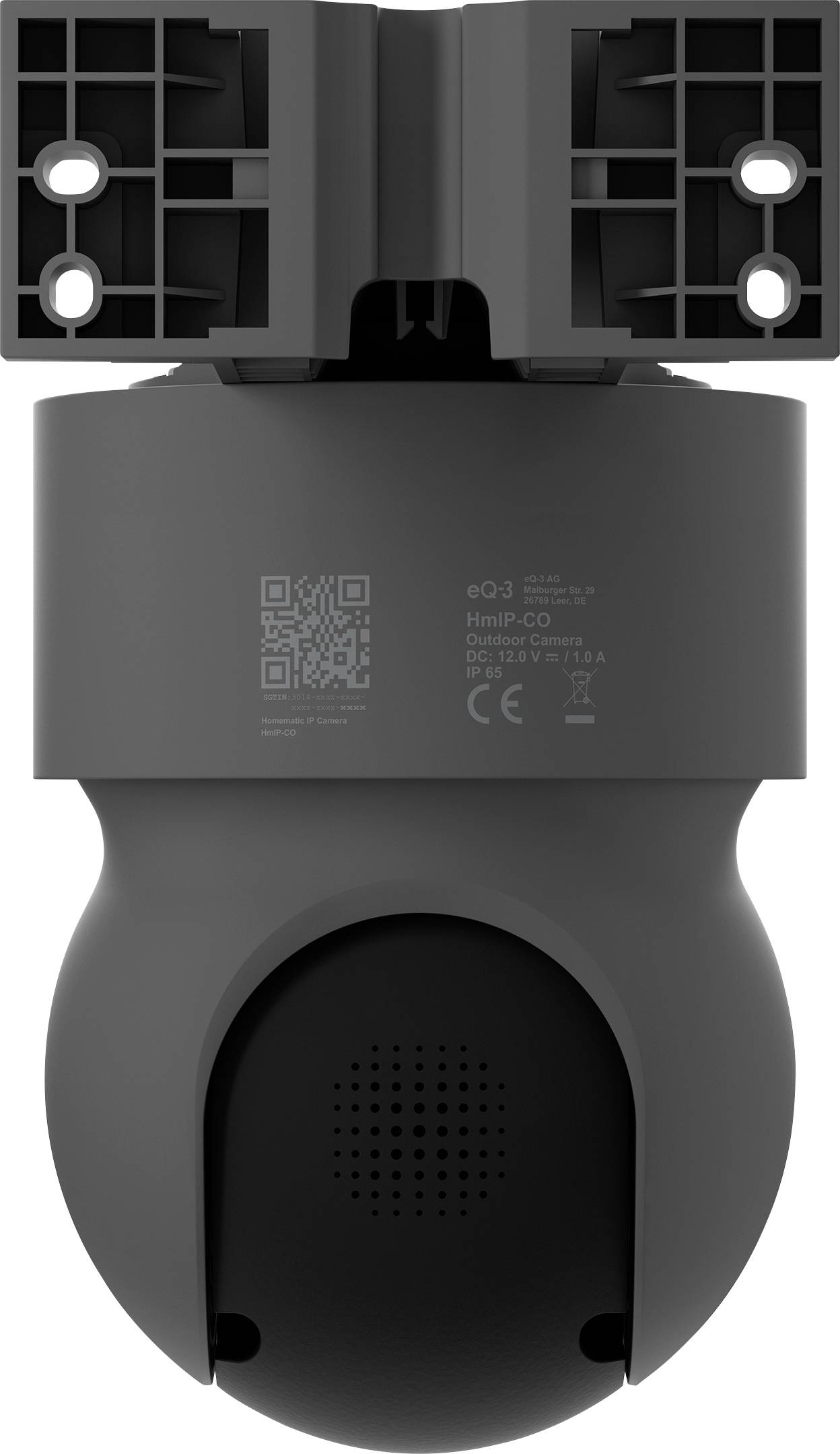Rückansicht einer schwarzen Sicherheitskamera oder eines Sensors mit Montageklammer, Verdrahtungsgehäuse, QR-Code und Lautsprechergitter am Gehäuse.