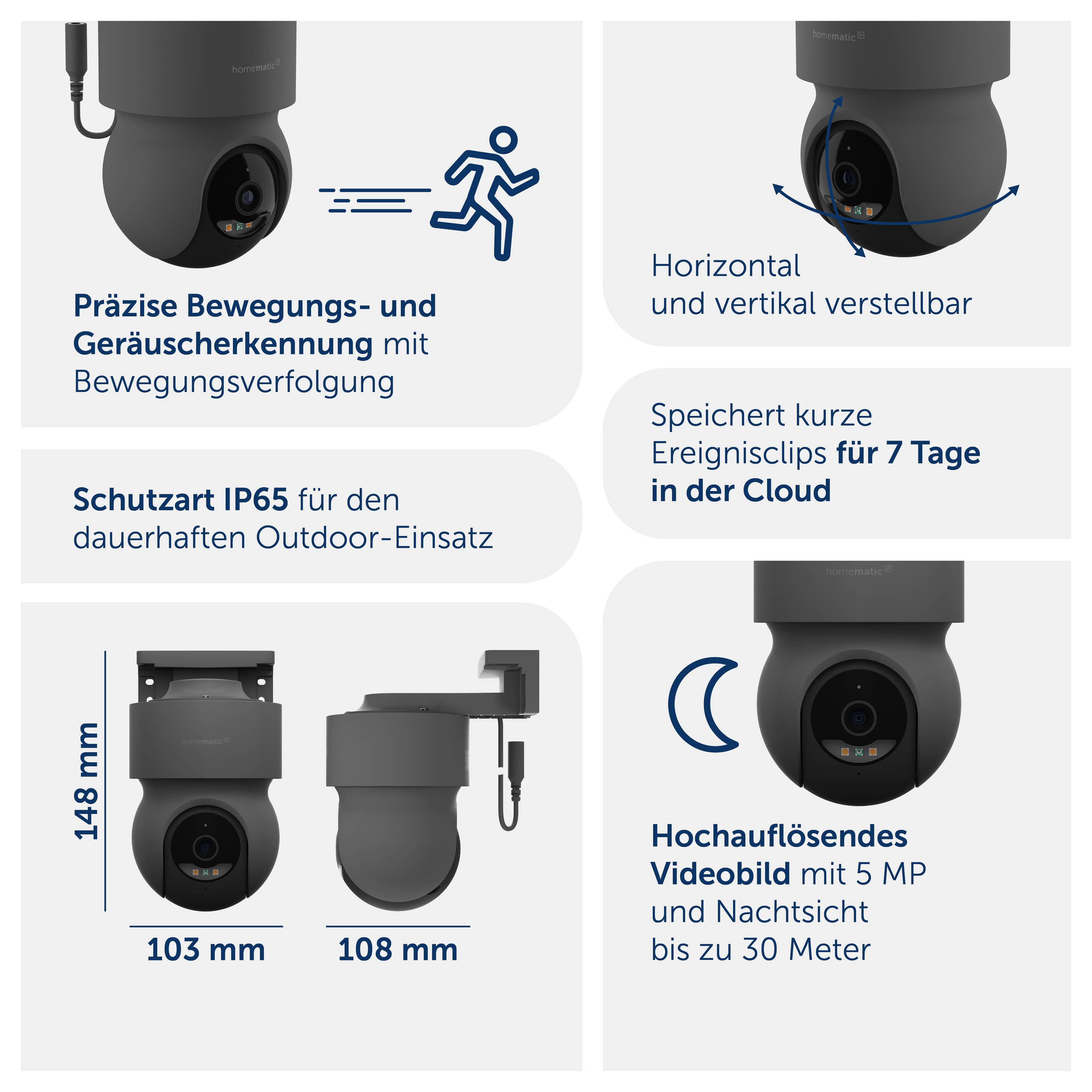Infografik einer Schwenk-/Neige-Überwachungskamera: präzise Bewegungs- und Geräuscherkennung mit Bewegungsverfolgung, IP65, in der Cloud 7 Tage speichern, nachts bis 30 m, Maße 148 mm hoch, 103/108 mm breit.
