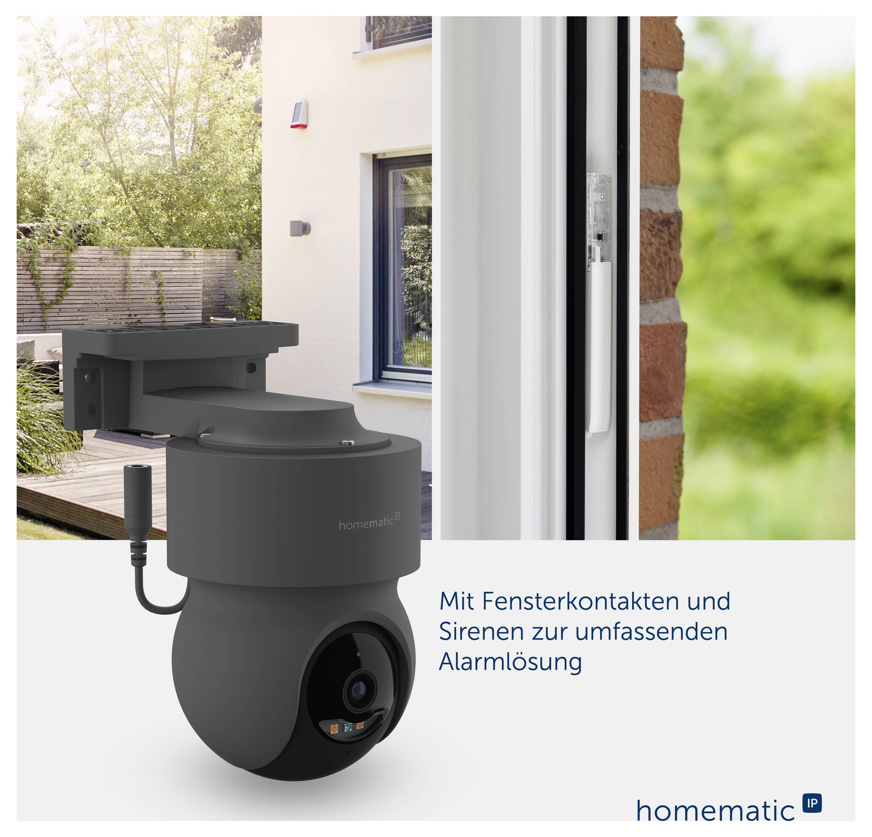 Smarter Fensterkontakt mit Sirene an einem Fenster; werbliche Darstellung einer umfassenden Alarmlösung von Homematic IP.