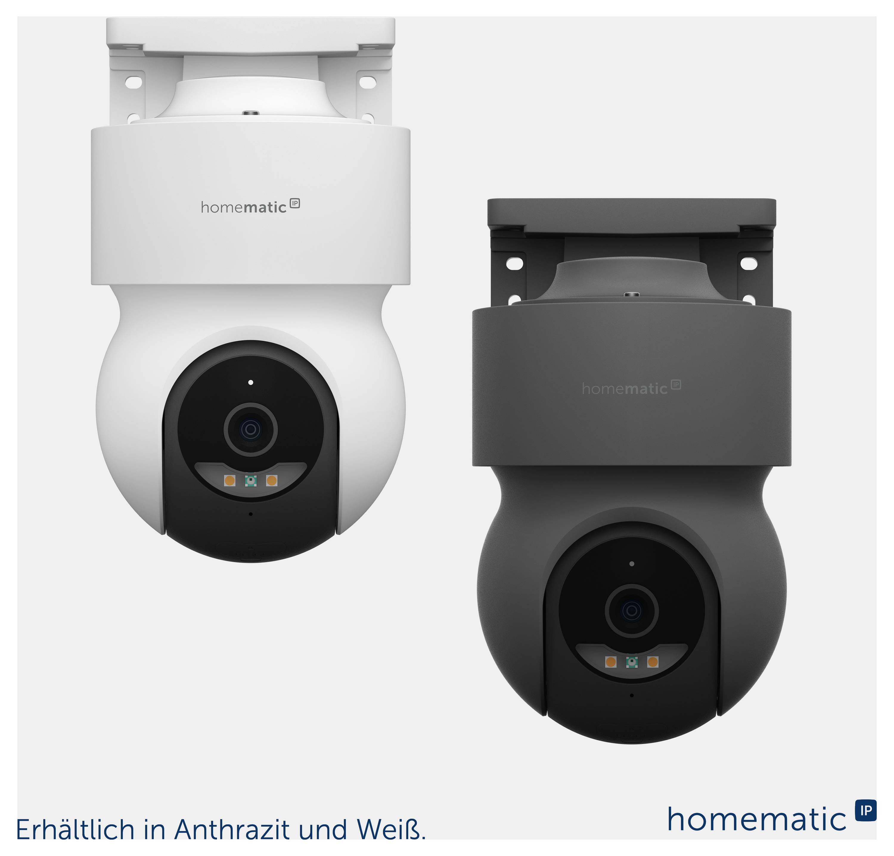Produktbild einer Homematic IP Innensicherheitskamera in Weiß und Anthrazit dargestellt, mit dem Text „Erhältlich in Anthrazit und Weiß.