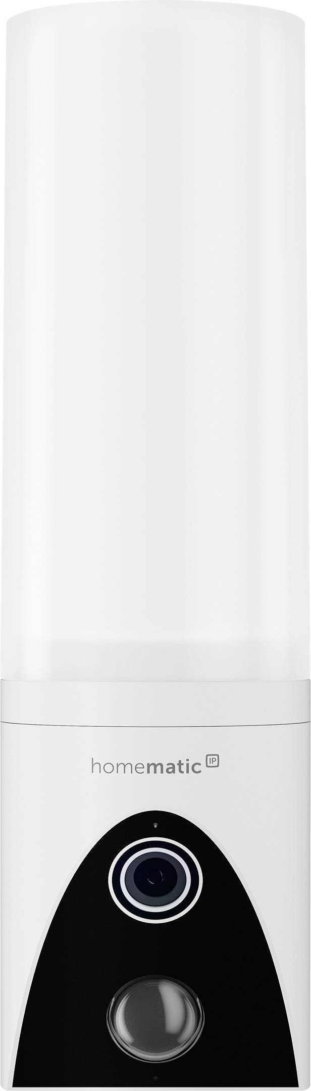 Weiße Homematic Innenraumüberwachungskamera/Sensor mit schwarzerem Gehäuse unten, kreisförmigem Objektiv und Bewegungsmelder auf neutralem Hintergrund.
