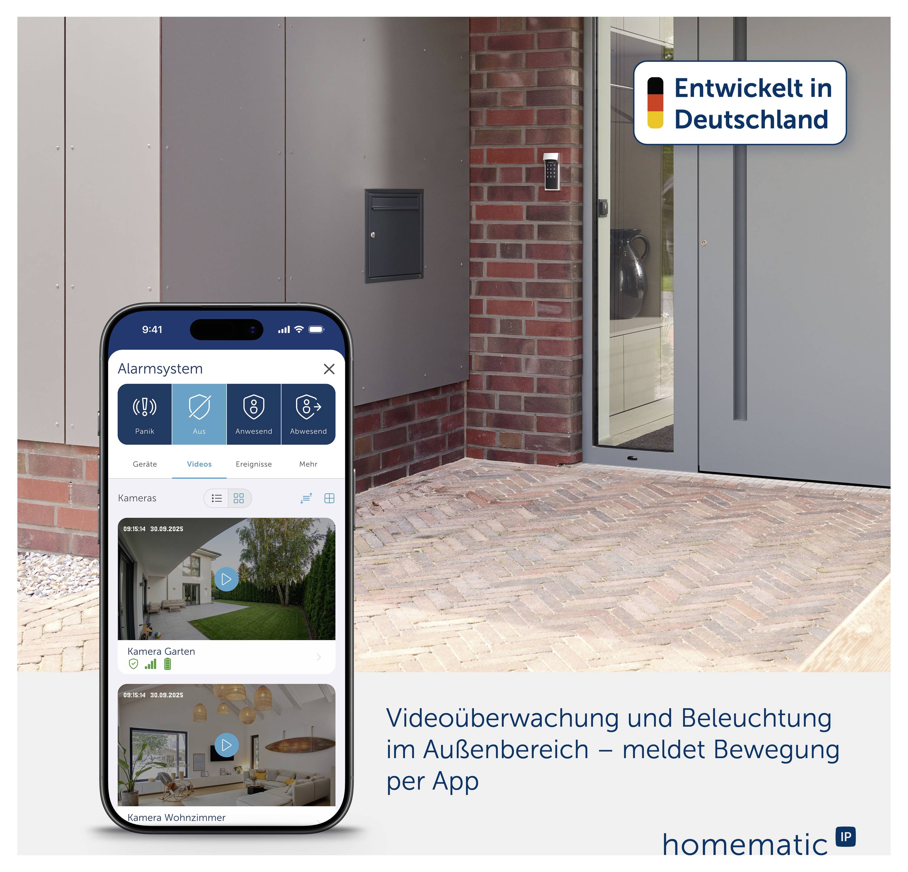 Schwarze wandmontierte Sicherheitskamera mit Objektiv und Sensor, auf schlicht weißem Hintergrund dargestellt, mit dem Markenname „homematic