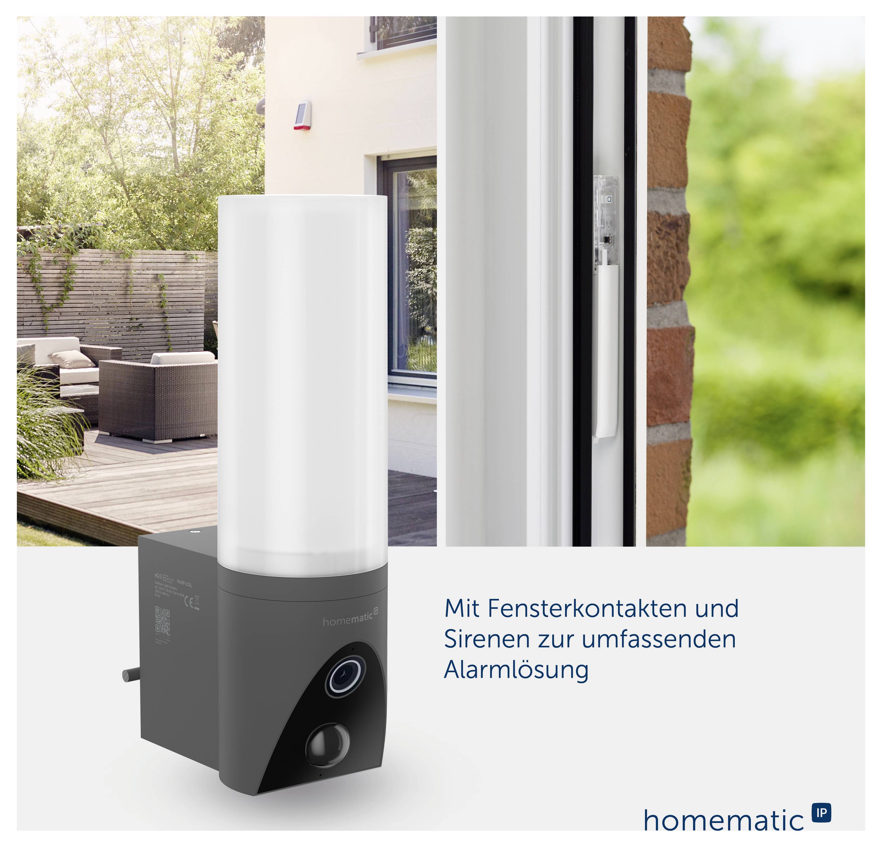 Werbegrafik für einen HomeMatic-Alarm: Sensor an Fensterrahmen im Vordergrund, daneben der Text 'Mit Fensterkontakten und Sirenen zur umfassenden Alarmlösung' und das Homematic-IP-Logo.