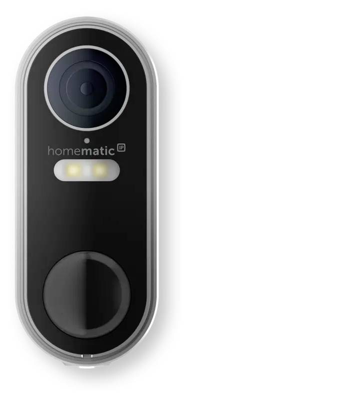 Schwarze Homematic intelligente Video-Türklingel mit Kameraobjektiv, LED-Anzeigelichtern und rundem Knopf auf weißem Hintergrund.