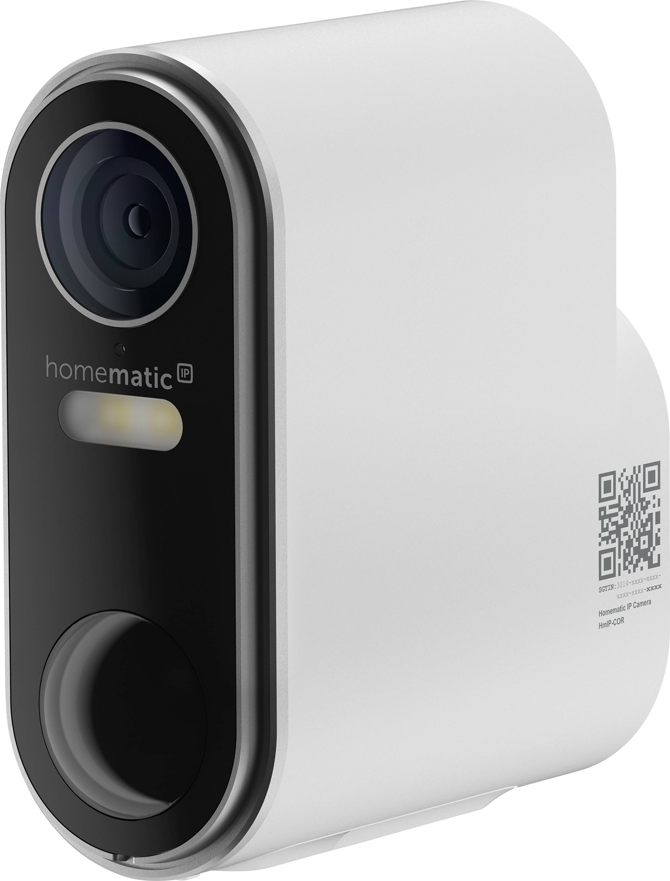 Weiße Homatic-Sicherheitskamera mit schwarzer Frontlinse, Sensor und QR-Code auf der Seite, gezeigt in Produktansicht.