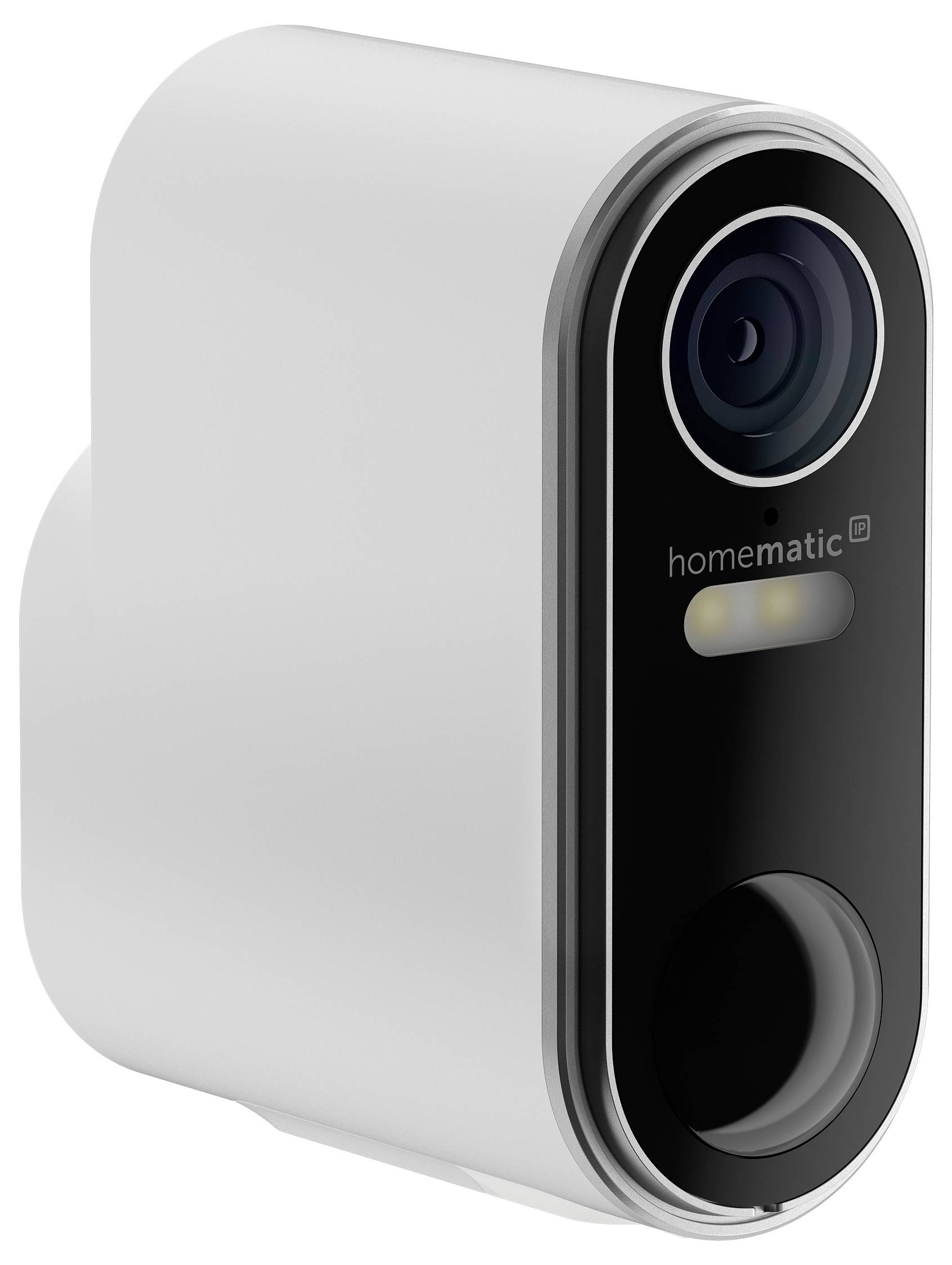 Weiße intelligente Haushaltkamera mit schwarzem Frontpanel, Linse oben und Bewegungsmelder darunter, gezeigt in 3D-Produktansicht.