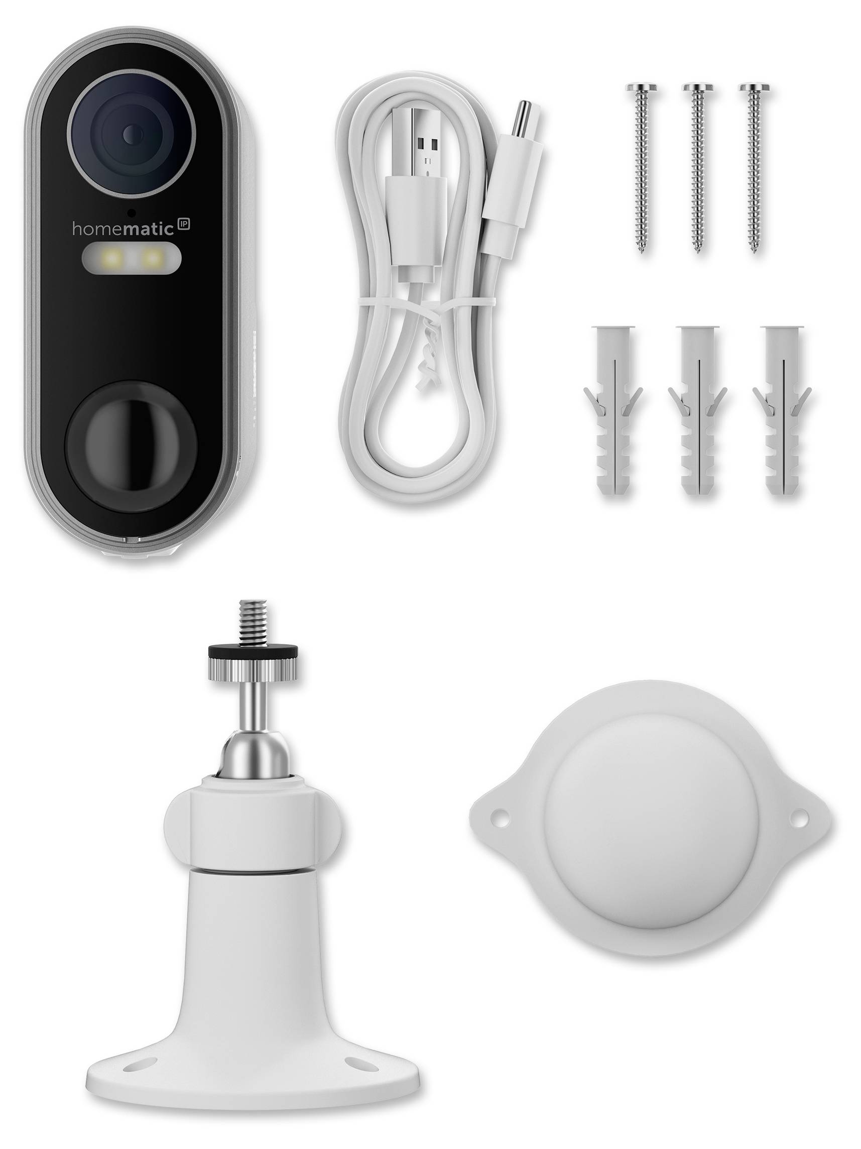 Sicherheitsvideo-Türklingel-Set mit Kameraeinheit, USB-Ladekabel, Befestigungsschrauben und Wanddübeln sowie zwei Installationshalterungen