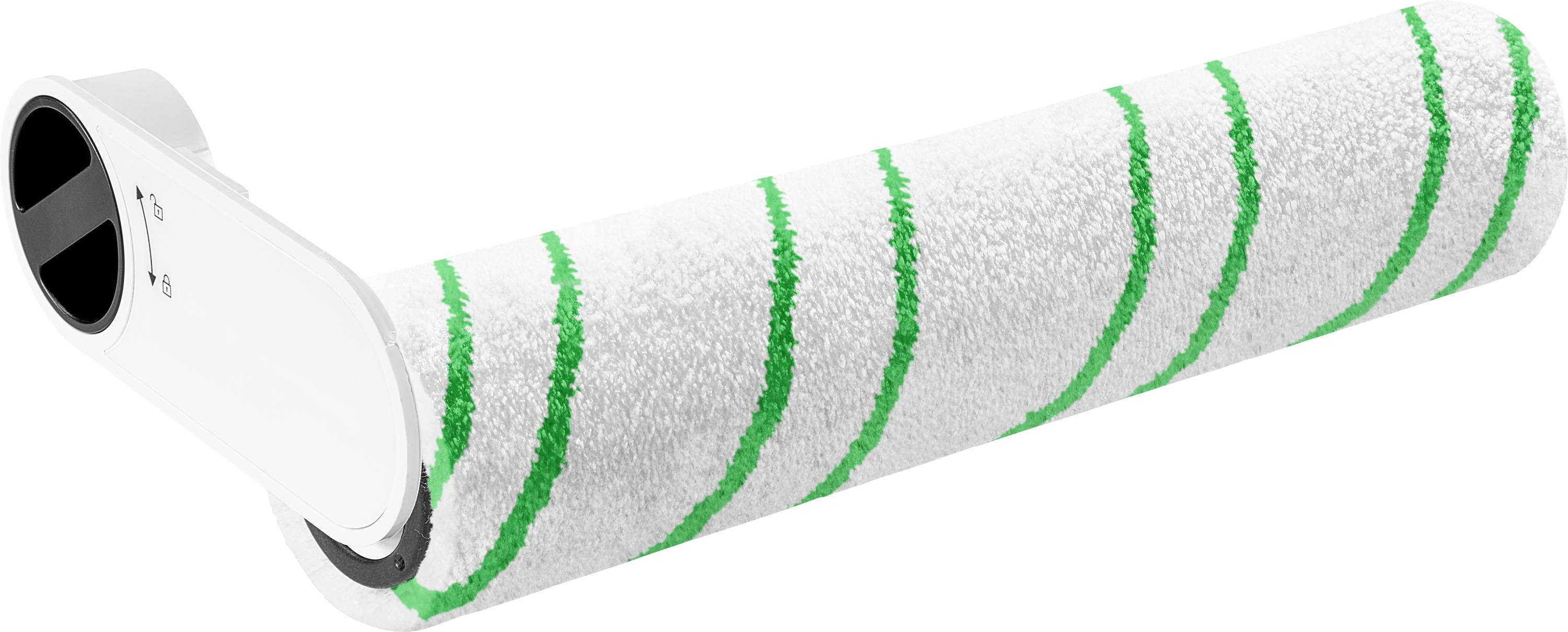 Eine weiße zylindrische Fusselrolle mit grünen Spiralstreifen und schwarzem Griff, auf neutralem Hintergrund abgebildet.