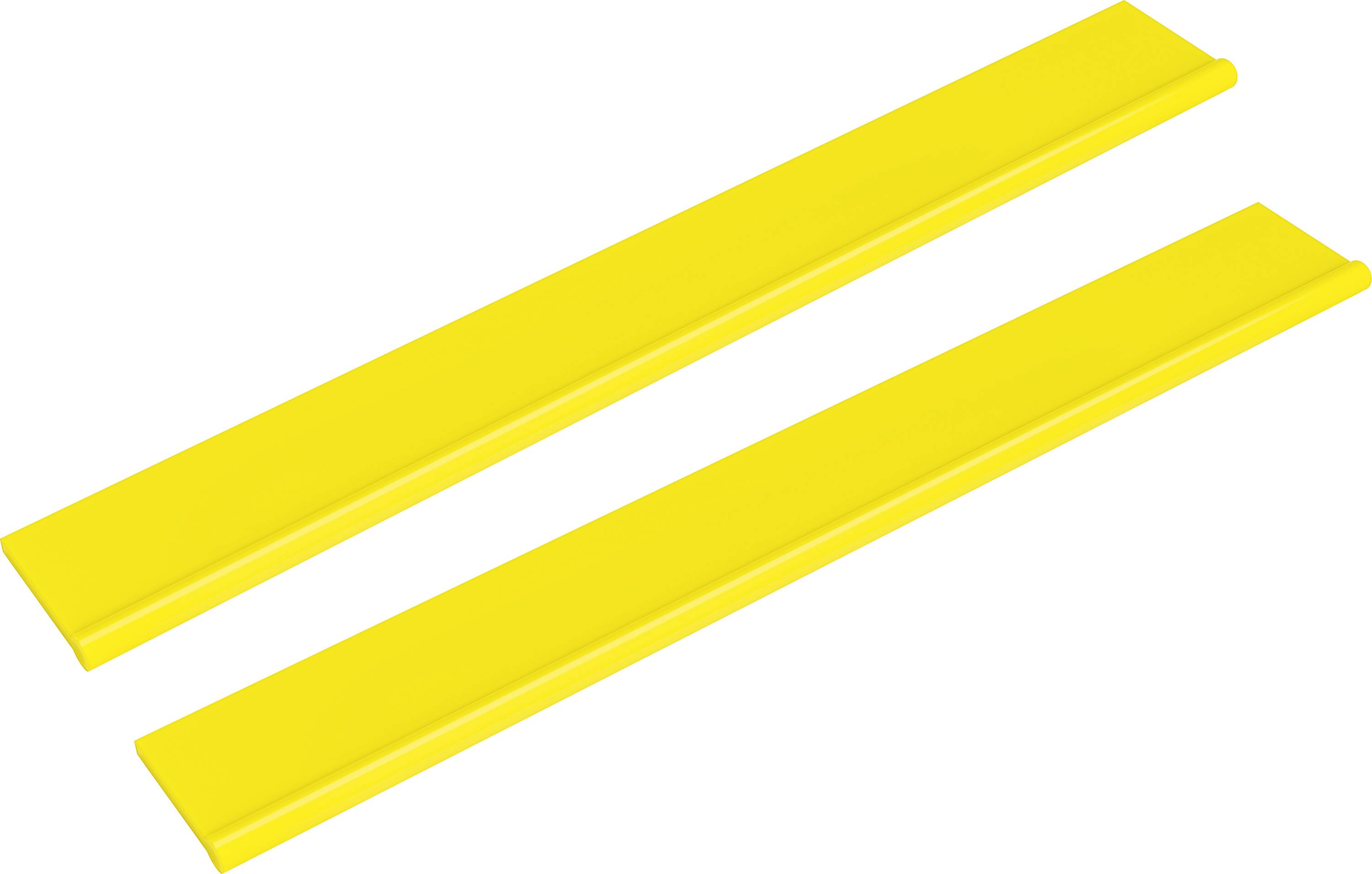 Zwei gelbe Kunststoff-Zierleisten auf weißem Hintergrund, diagonal angeordnet und parallel zueinander.