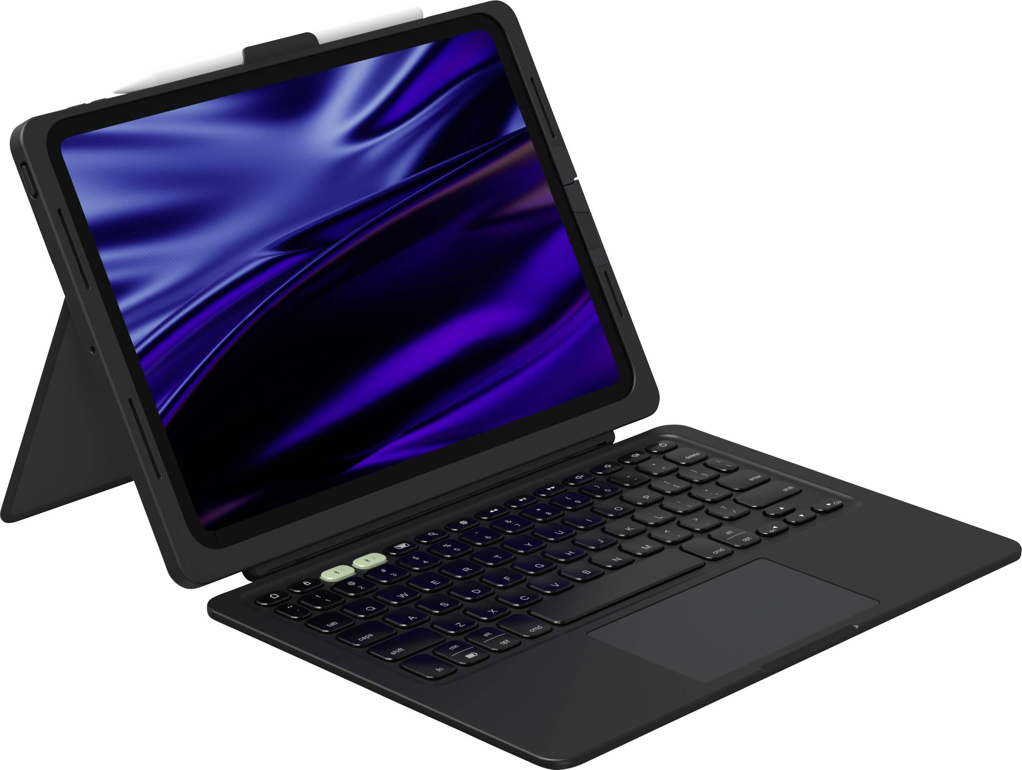 Schwarzes Tablet in einer Tastaturhülle, aufgestellt im Laptop-Modus, zeigt einen blauen abstrakten Bildschirm auf weißem Hintergrund.