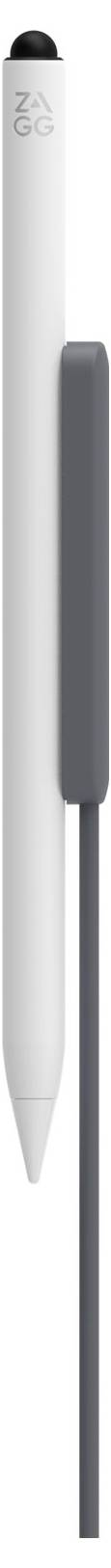 Ein weißer und grauer ZAGG-Stylus mit Clip und spitzer Spitze, vertikal auf einfachem Hintergrund dargestellt.