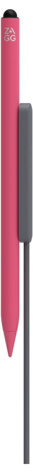 Ein rosa ZAGG-Stift mit grauem seitlichem Griff und silberner Spitze, vertikal auf weißem Hintergrund dargestellt.