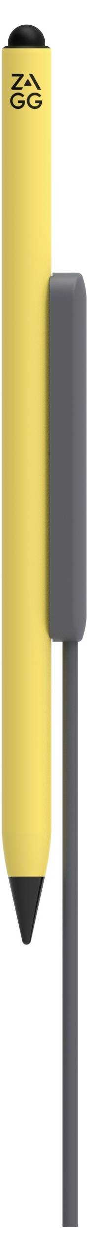Gelber ZAGG-Stiftstylus mit schwarzer Spitze und Kappe, vertikal auf weißem Hintergrund dargestellt.