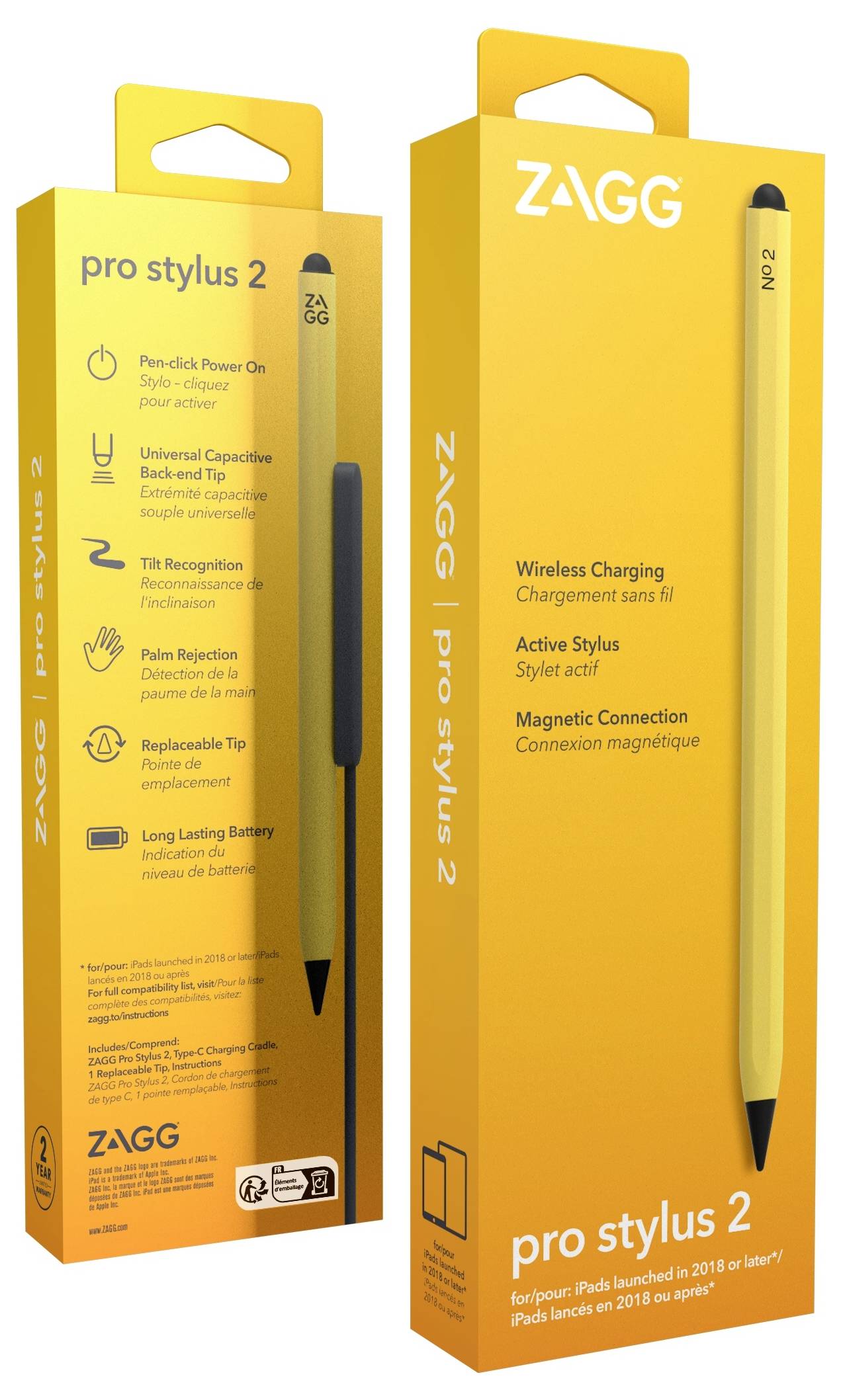 Zwei ZAGG Pro Stylus 2 Einzelhandelskartone in orangefarbener Verpackung, die den Stift und Funktionen wie drahtlose Aufladung, aktiver Stift und magnetische Verbindung zeigen.