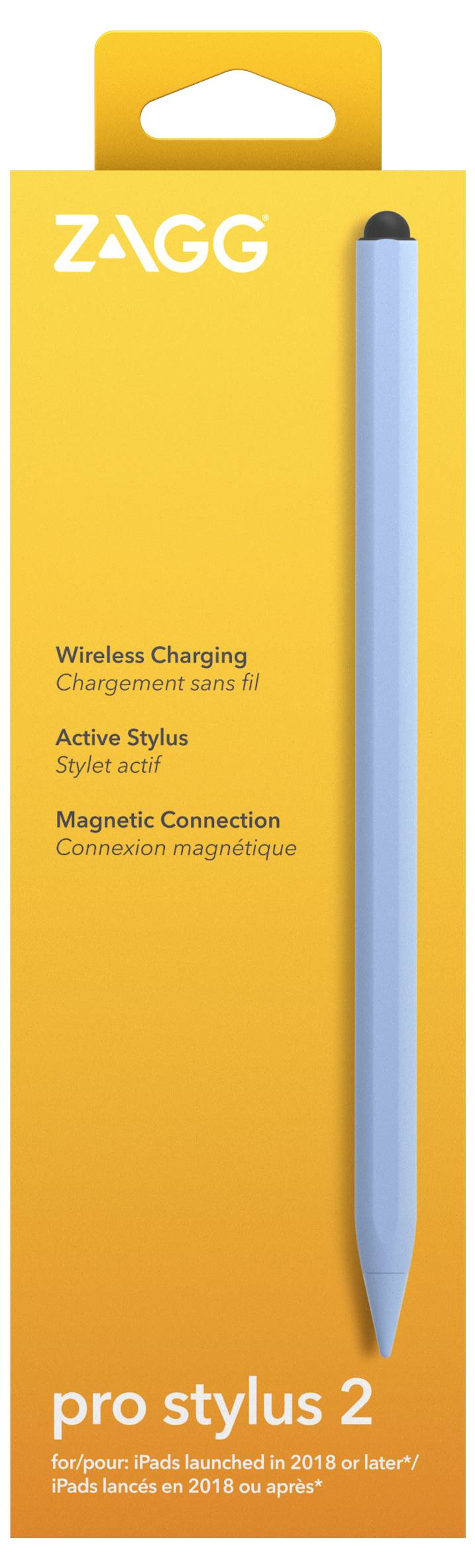 ZAGG Pro Stylus 2 Verpackung für kabellosen Ladestyler, gelbe Schachtel mit Produktname und Funktionstext, zeigt einen blauen Stylus auf der rechten Seite.