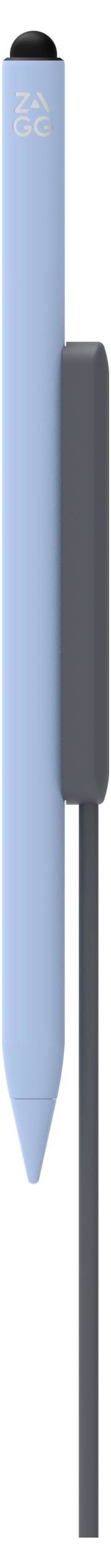Ein hellblauer Stiftspitzer mit dunkelgrauem Griff und Spitze, vertikal auf weißem Hintergrund dargestellt.
