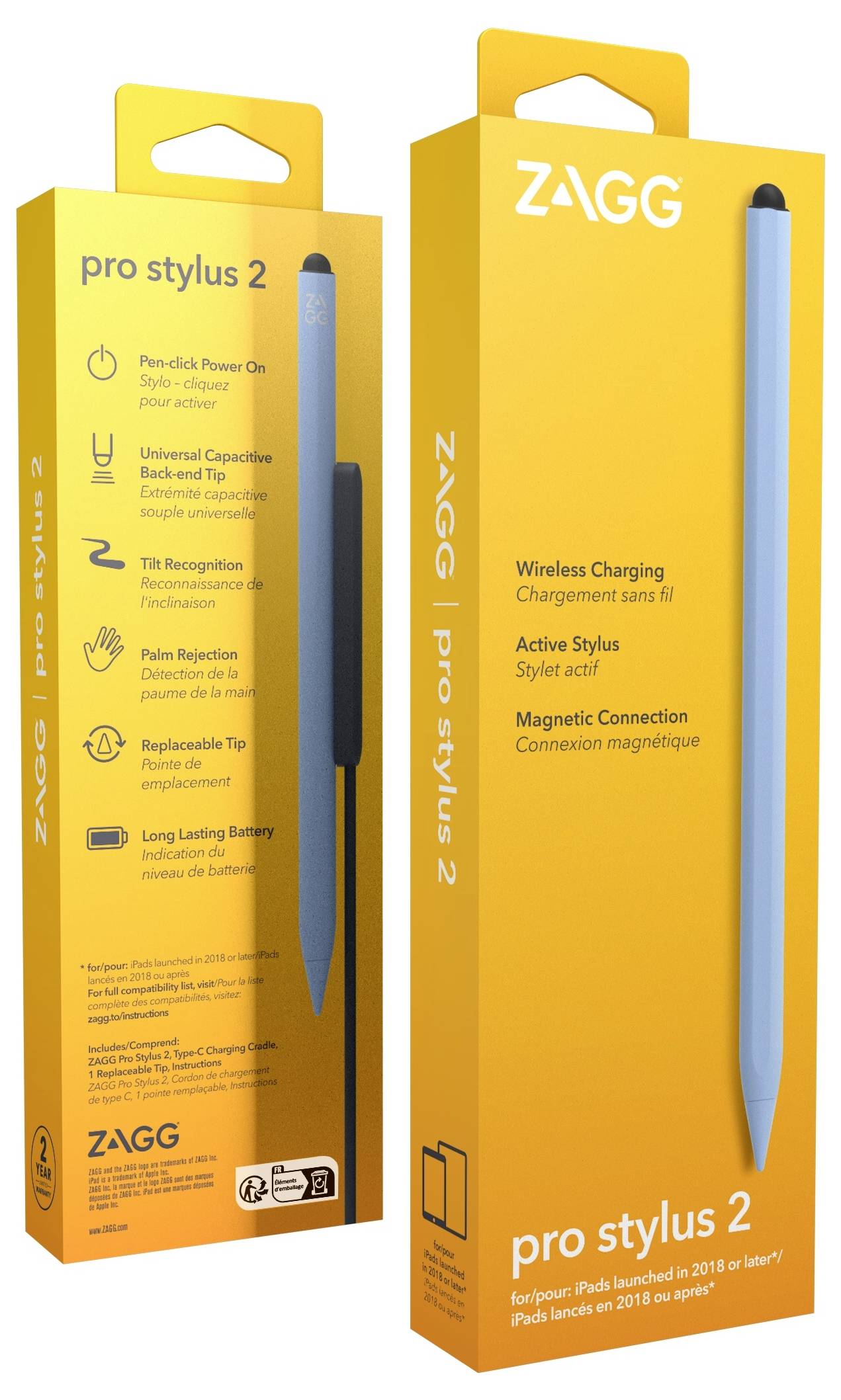 Zwei ZAGG Pro Stylus 2 Einzelhandelskartons in orangefarbener Verpackung, die einen blauen Eingabestift sowie Funktionen wie kabelloses Laden, aktiver Eingabestift und magnetische Verbindung zeigen.