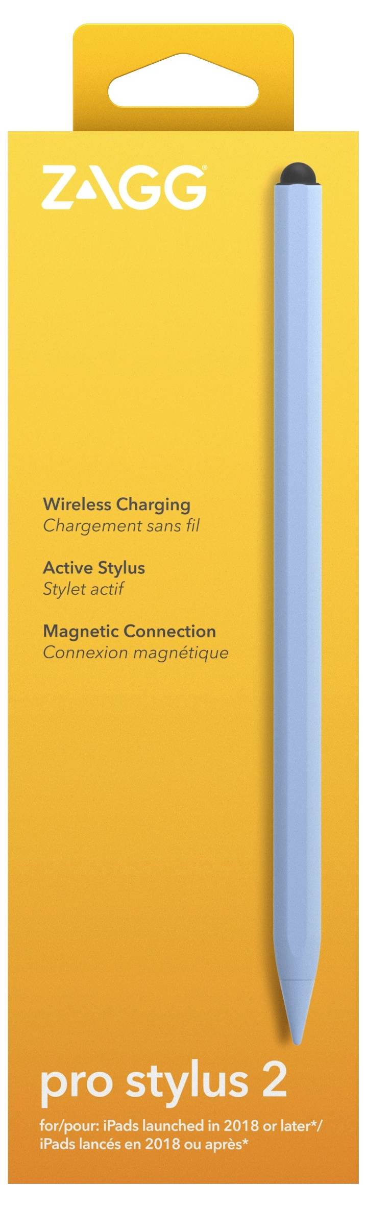 ZAGG Pro Stylus 2 kabellose Ladestifte-Verpackung mit einem blauen Stift auf einer gelben Schachtel mit Produktfunktionen und Name.