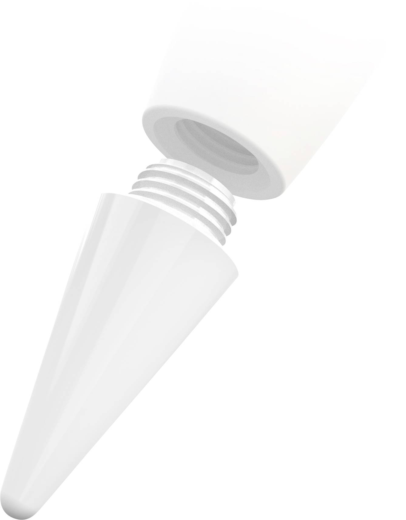 Weiße Kosmetiktubes mit entferntem Deckel, zeigt die Gewindebohrung und eine spitz zulaufende Applikatorisspitze, isoliert auf weißem Hintergrund.