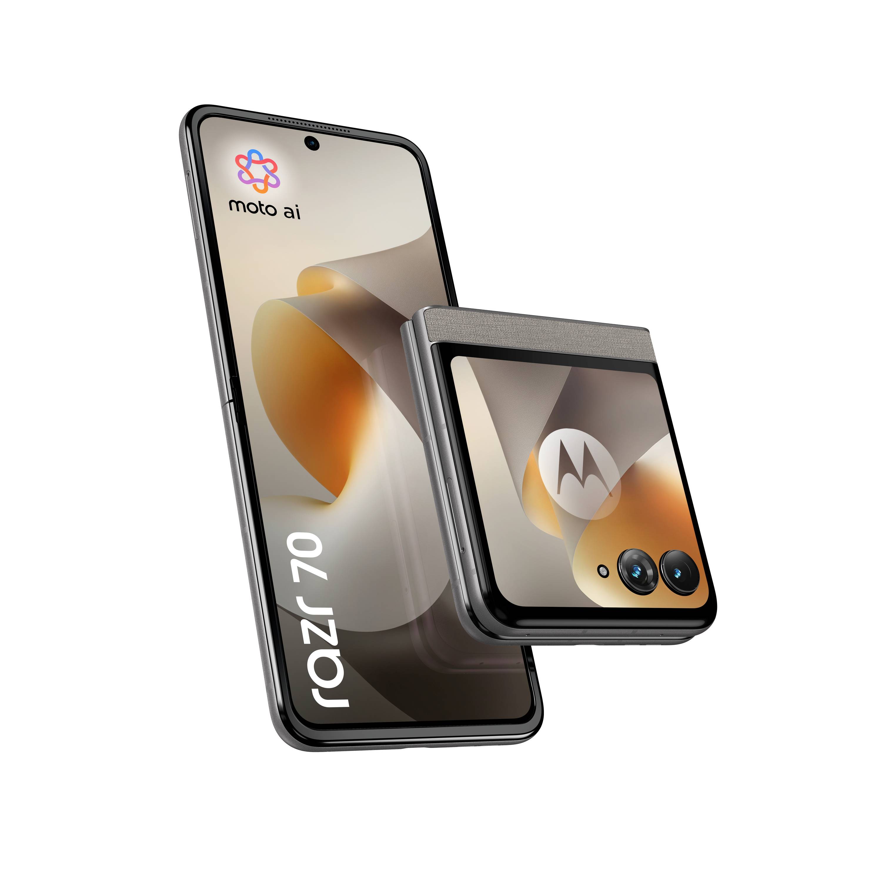 Werbebild eines aufgeklappten Motorola Razr 70 Falt-Smartphones neben einem kleineren zusammengeklappten Gerät, mit „moto ai
