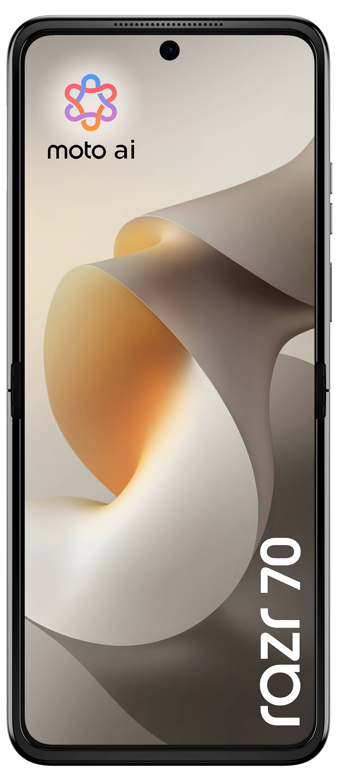 Motorola Moto AI Smartphone Vorderansicht mit abstraktem orange und beige Wirbel-Hintergrundbild mit 