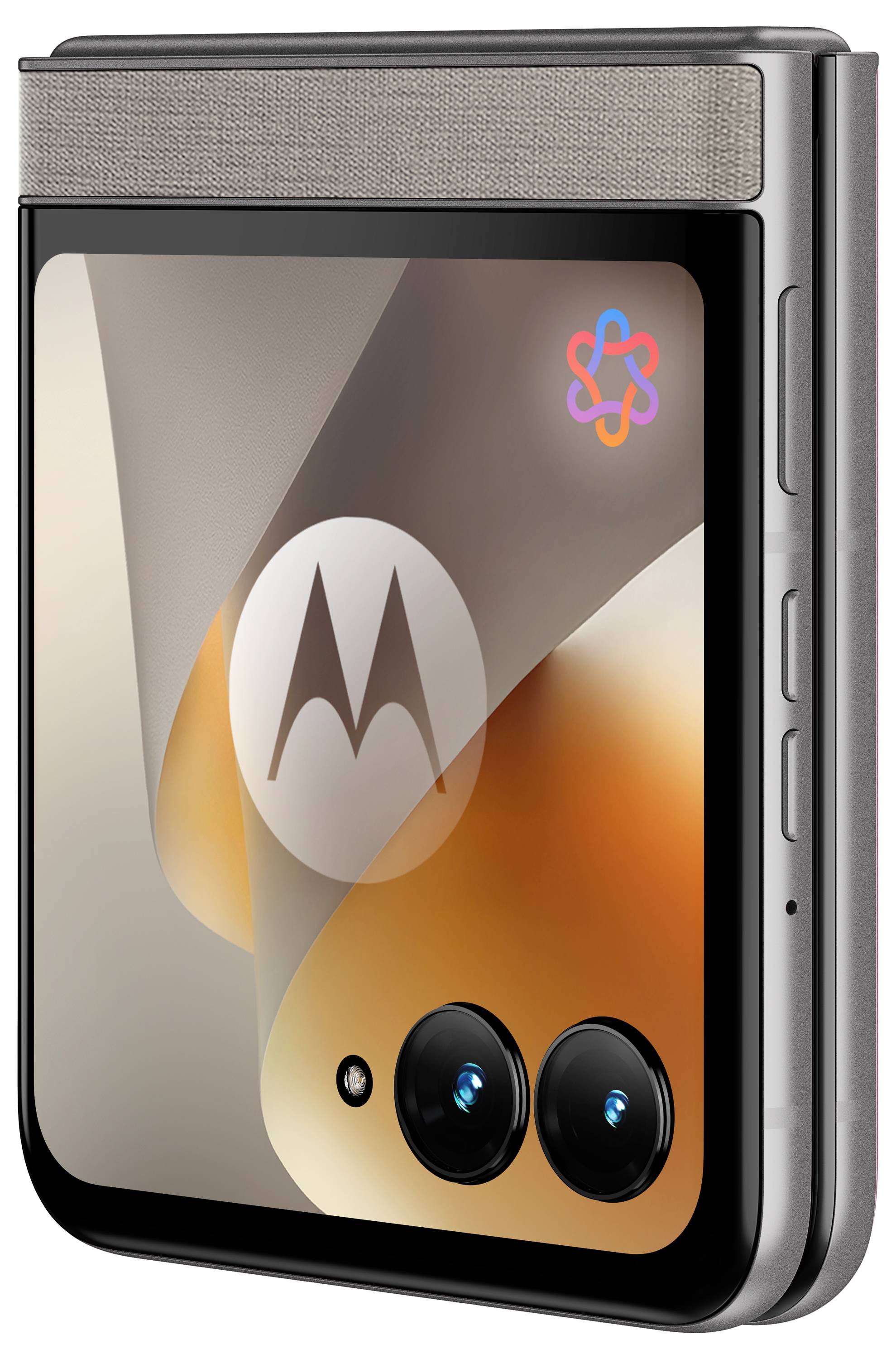 Motorola-Smartphone von vorne und hinten dargestellt, mit einem vierfachen hinteren Kamera-Array und dem Bildschirm mit „moto g37